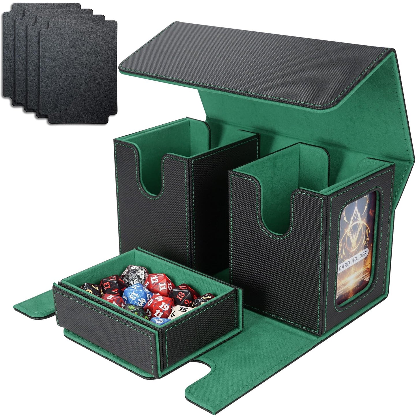 AFIING MTG Commander Card Storage Box – 220+ Sleeved Cards, 3-in-1 Case with 2 Toploaders (Black/Green)