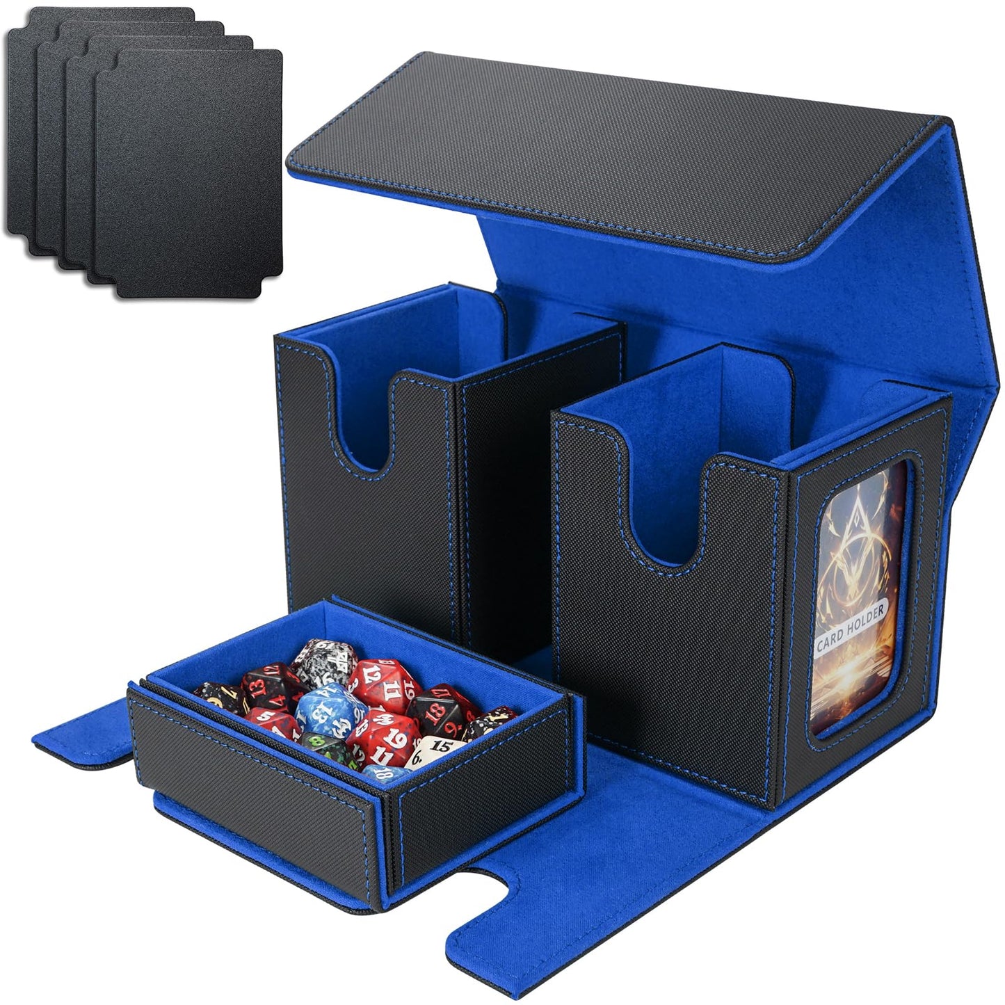AFIING MTG Commander Card Storage Box – Fits 200 Double-Sleeved Cards, 3-in-1 Deck Case, 4 Dividers & 2 Toploaders (Black/Blue)
