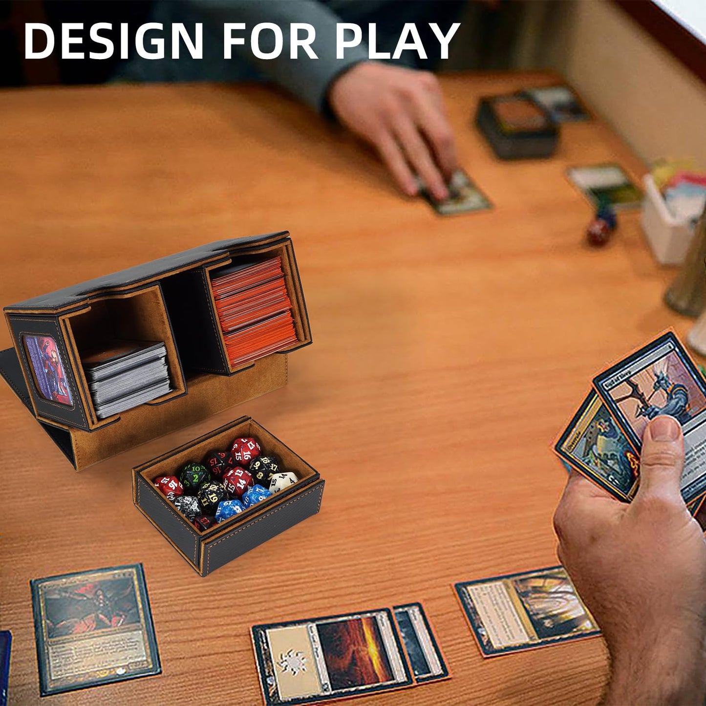 AFIING MTG Commander Deck Box – 200 Double-Sleeved Card Storage, 3-in-1 Magnetic Organizer (Black/Gold)