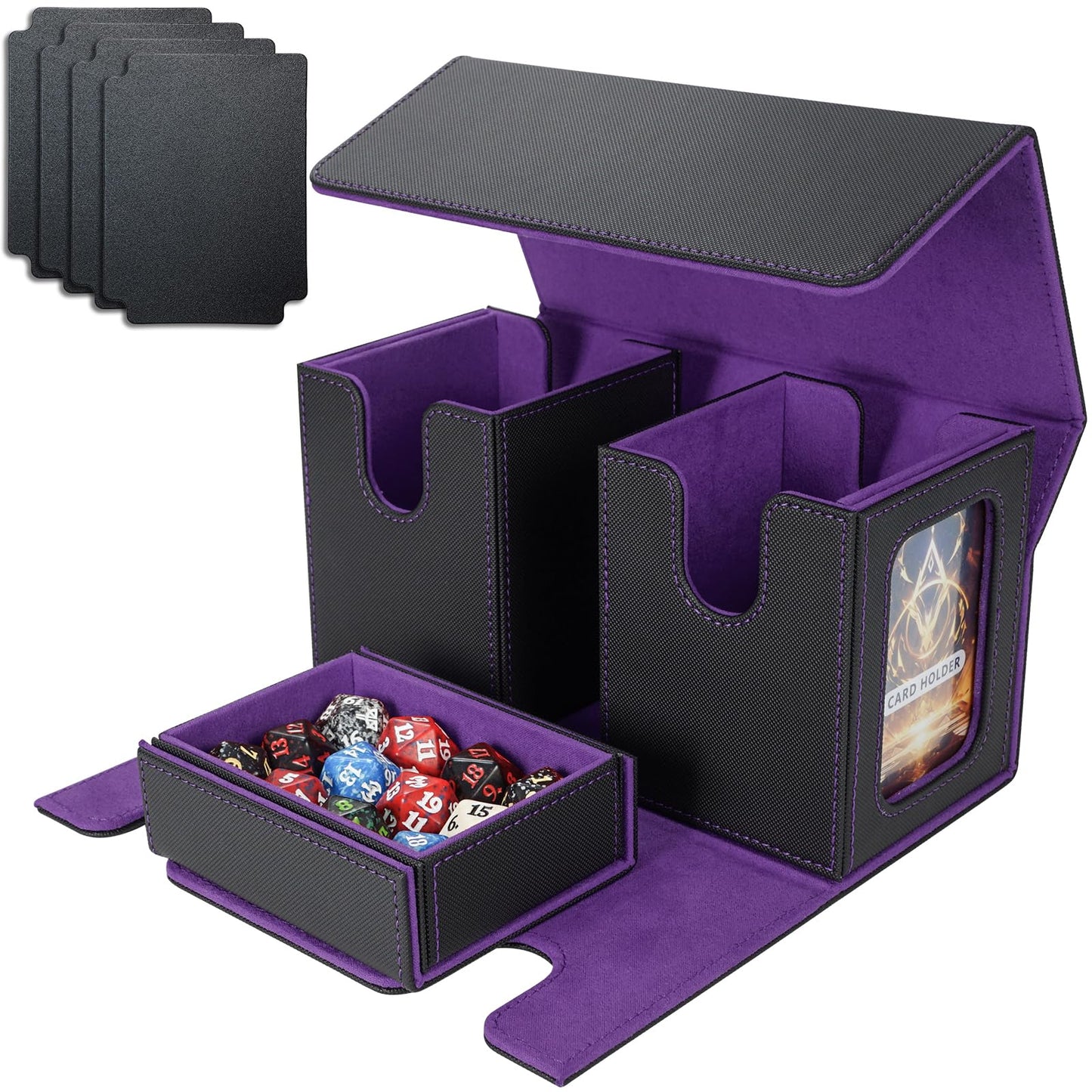 AFIING MTG Commander Deck Box – 200 Double-Sleeved Card Storage, 3-in-1 Magnetic Case Organizer (Black/Purple)