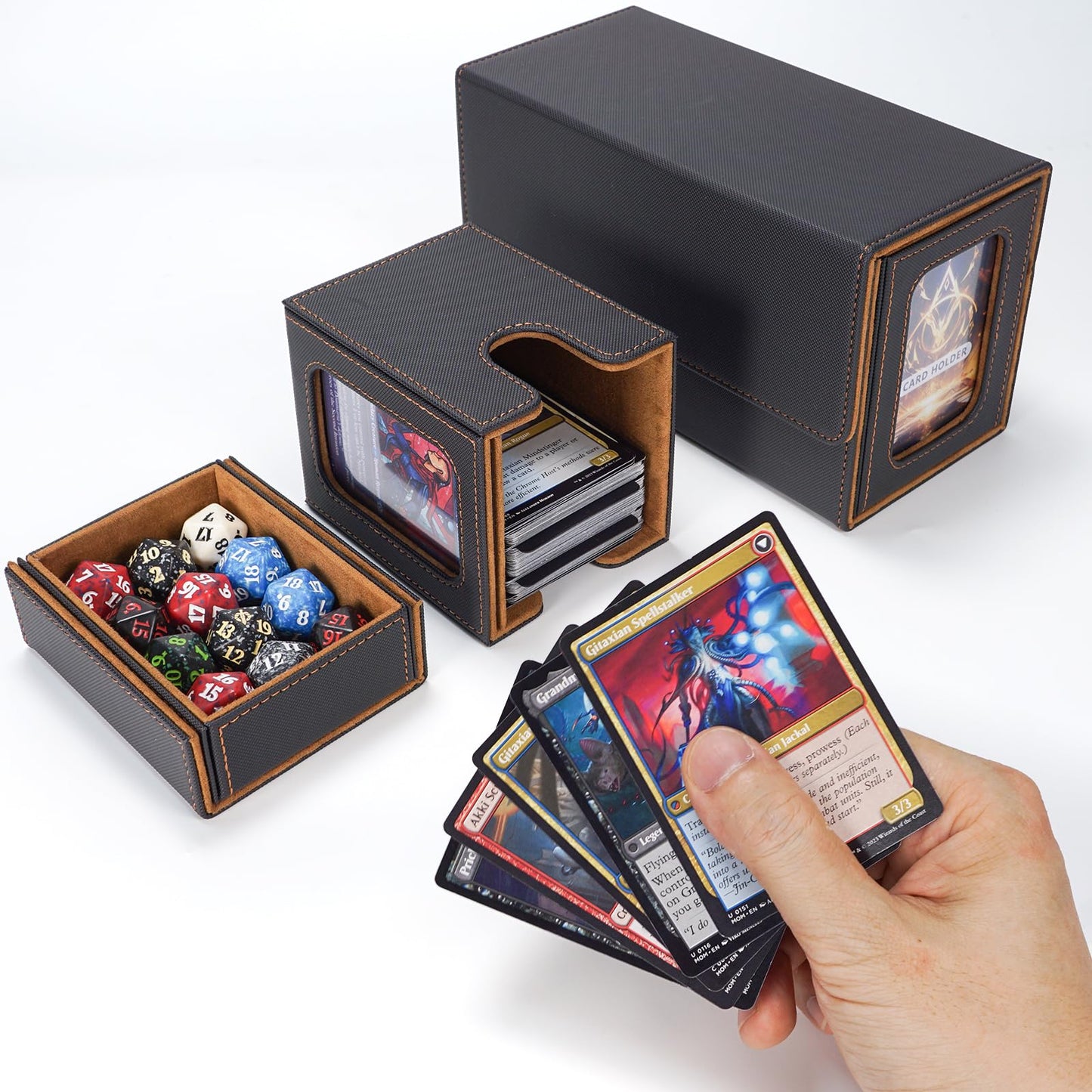AFIING MTG Commander Deck Box – 200 Double-Sleeved Card Storage, 3-in-1 Magnetic Organizer (Black/Gold)