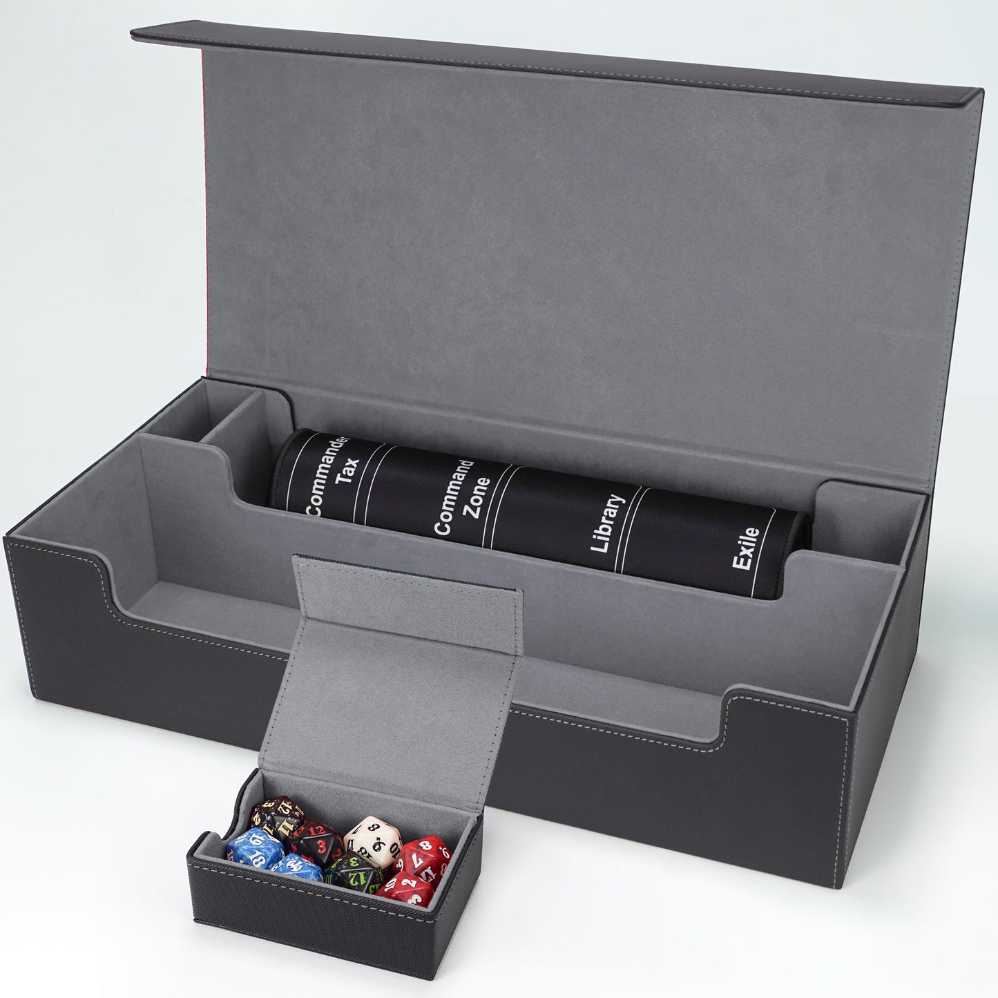 AFIING MtG Deck Box – Holds 5 Display Card Boxes, MTG Playmat & Dice Box, 10 Dividers, Card Supporter, Trading Card Storage (Black & Grey)