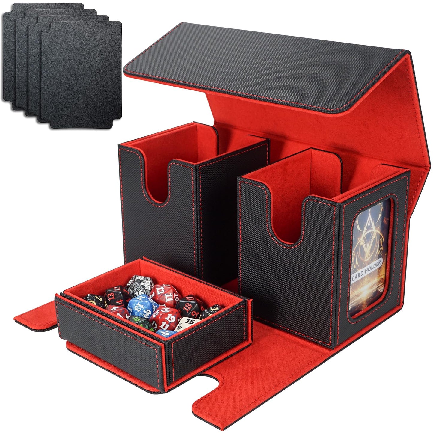 AFIING Mtg Deck Box with Commander Display – 220+ Sleeved Cards, 3-in-1 Organizer, 2 Toploaders, Black/Red
