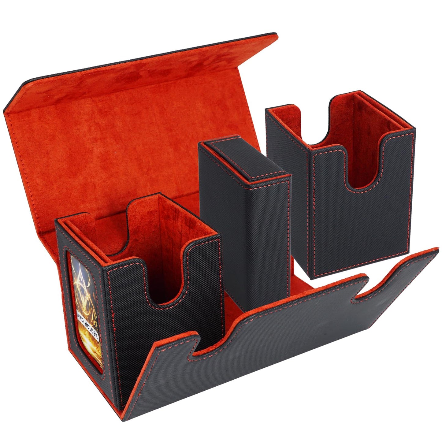 AFIING Mtg Deck Box with Commander Display – 220+ Sleeved Cards, 3-in-1 Organizer, 2 Toploaders, Black/Red