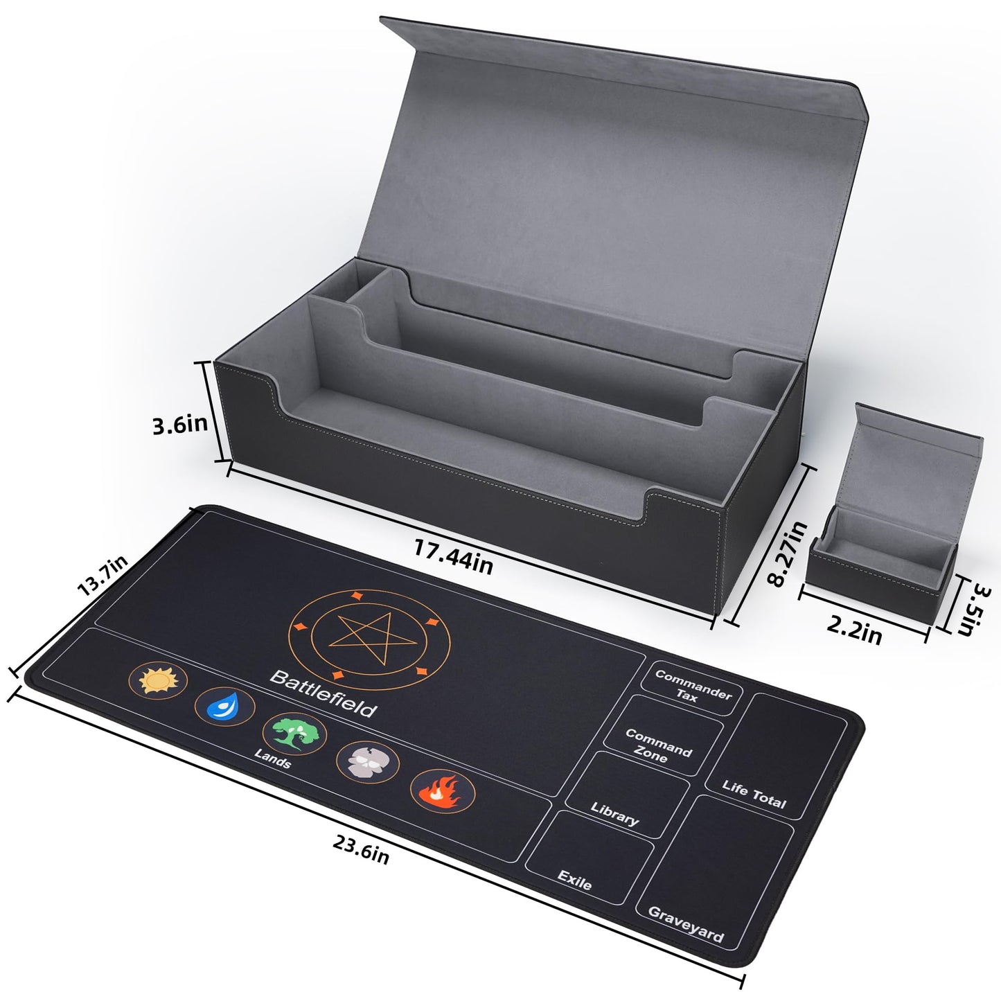 AFIING MtG Deck Box – Holds 5 Display Card Boxes, MTG Playmat & Dice Box, 10 Dividers, Card Supporter, Trading Card Storage (Black & Grey)