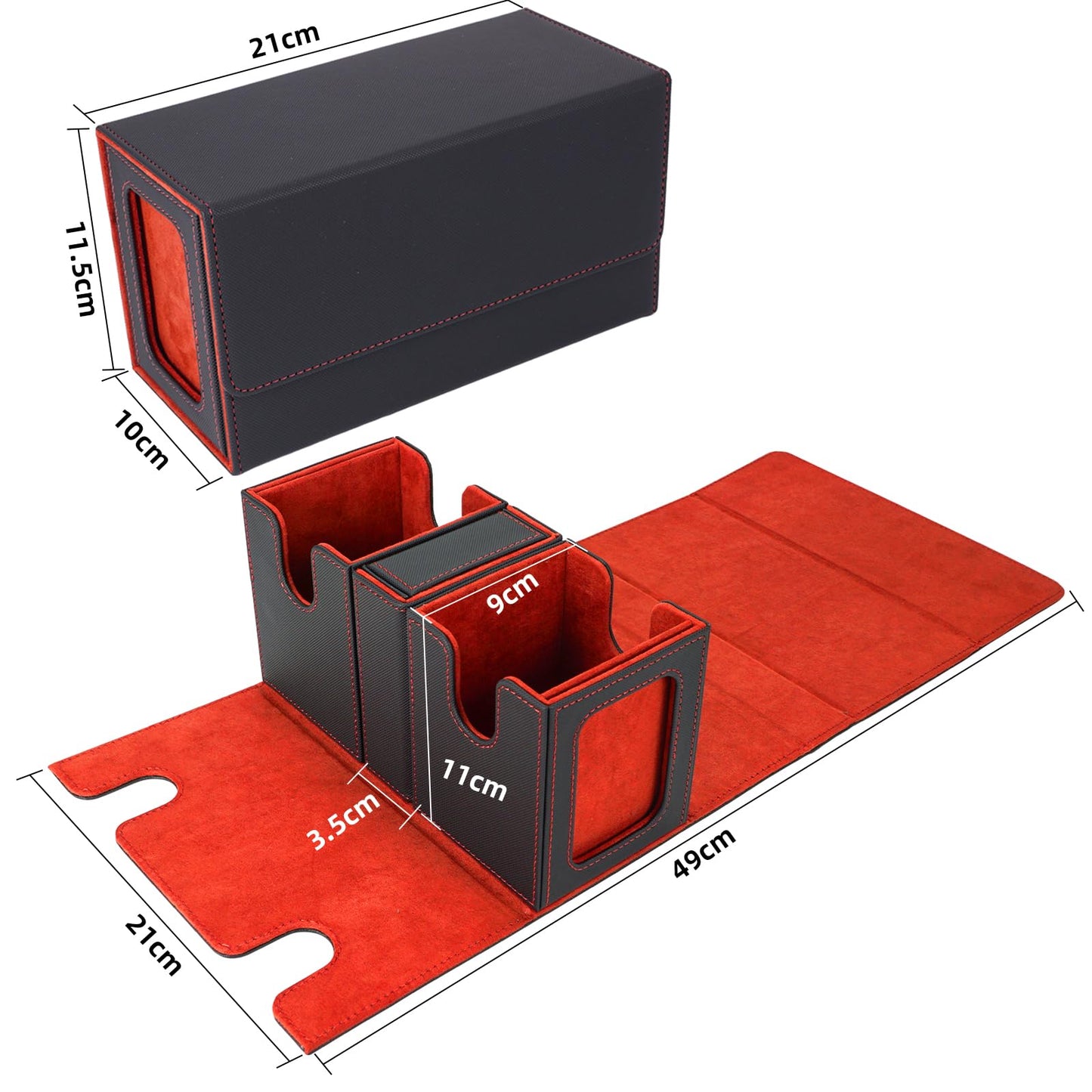 AFIING Mtg Deck Box with Commander Display – 220+ Sleeved Cards, 3-in-1 Organizer, 2 Toploaders, Black/Red