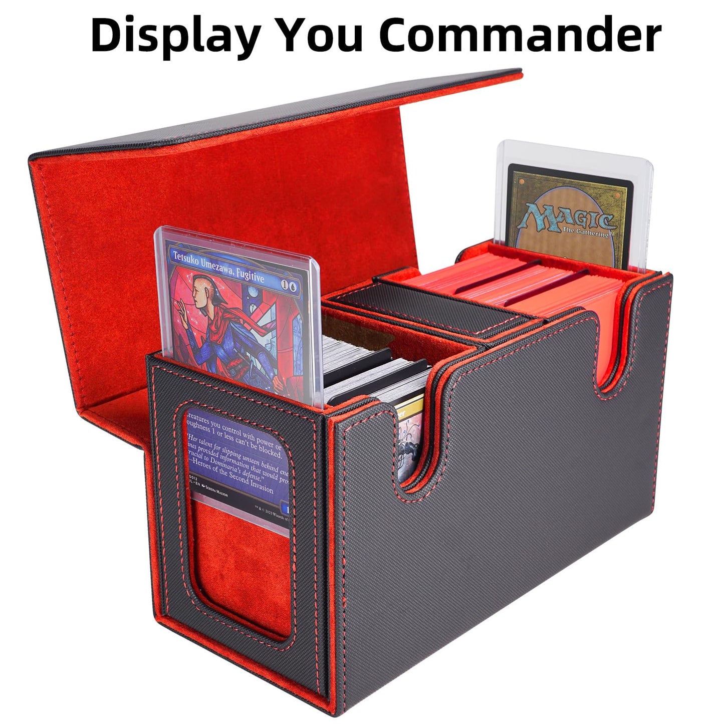 AFIING Mtg Deck Box with Commander Display – 220+ Sleeved Cards, 3-in-1 Organizer, 2 Toploaders, Black/Red
