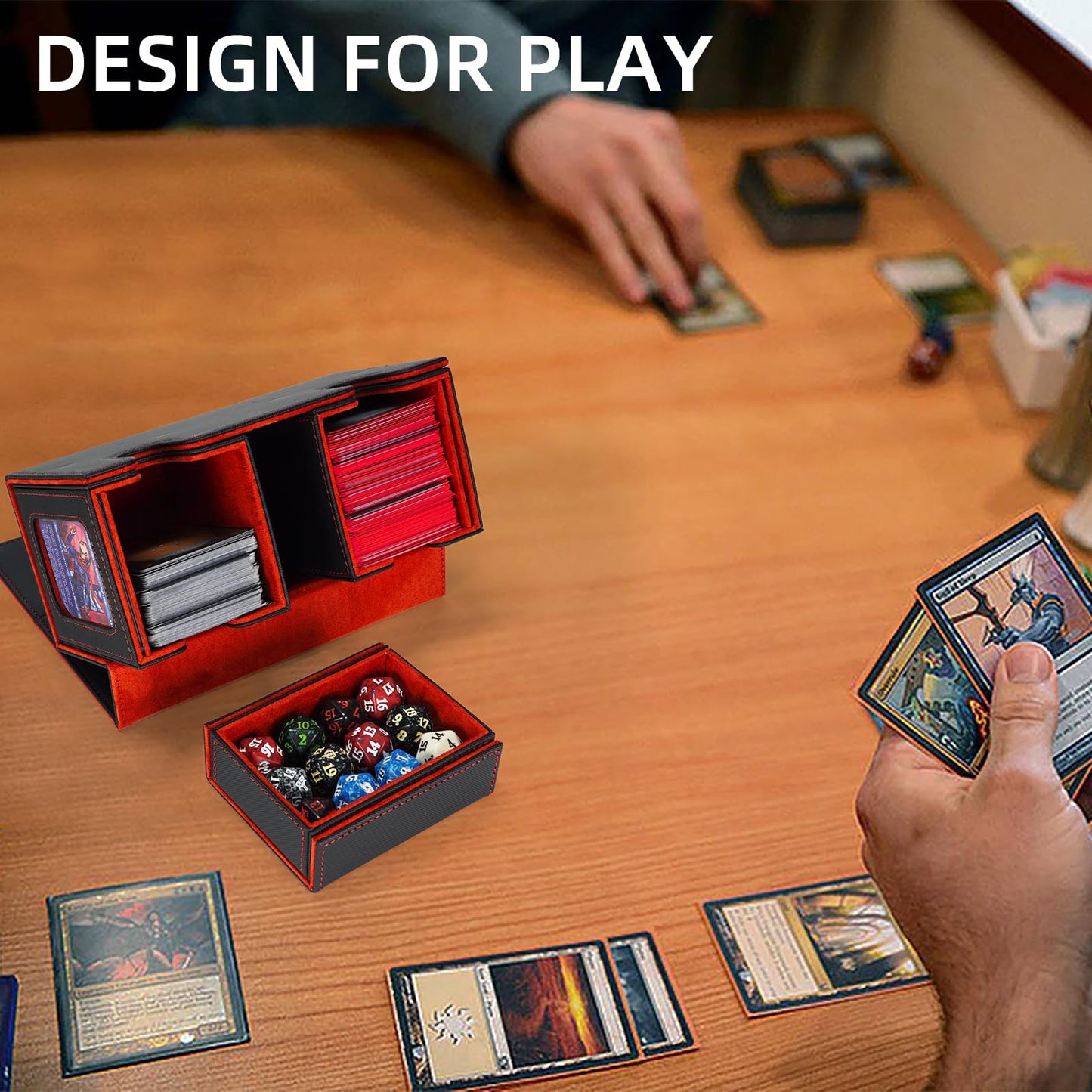 AFIING Mtg Deck Box with Commander Display – 220+ Sleeved Cards, 3-in-1 Organizer, 2 Toploaders, Black/Red