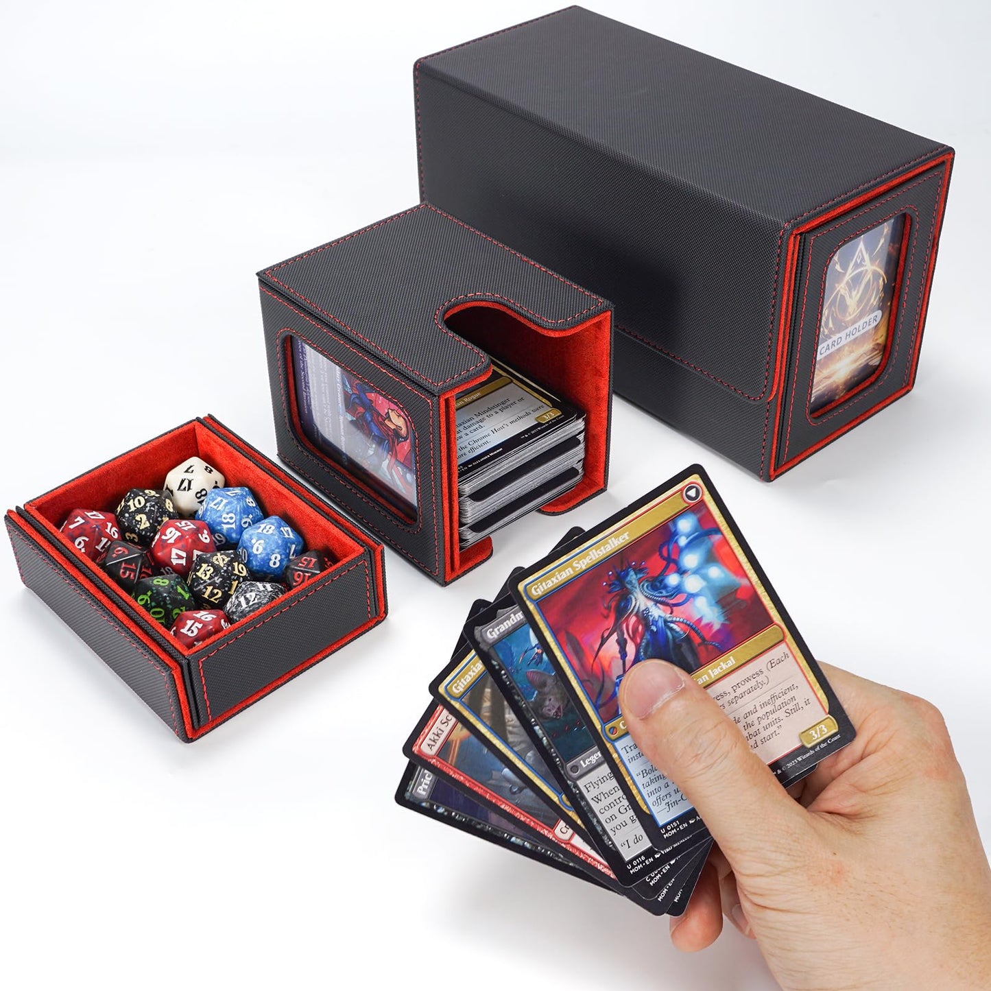 AFIING Mtg Deck Box with Commander Display – 220+ Sleeved Cards, 3-in-1 Organizer, 2 Toploaders, Black/Red