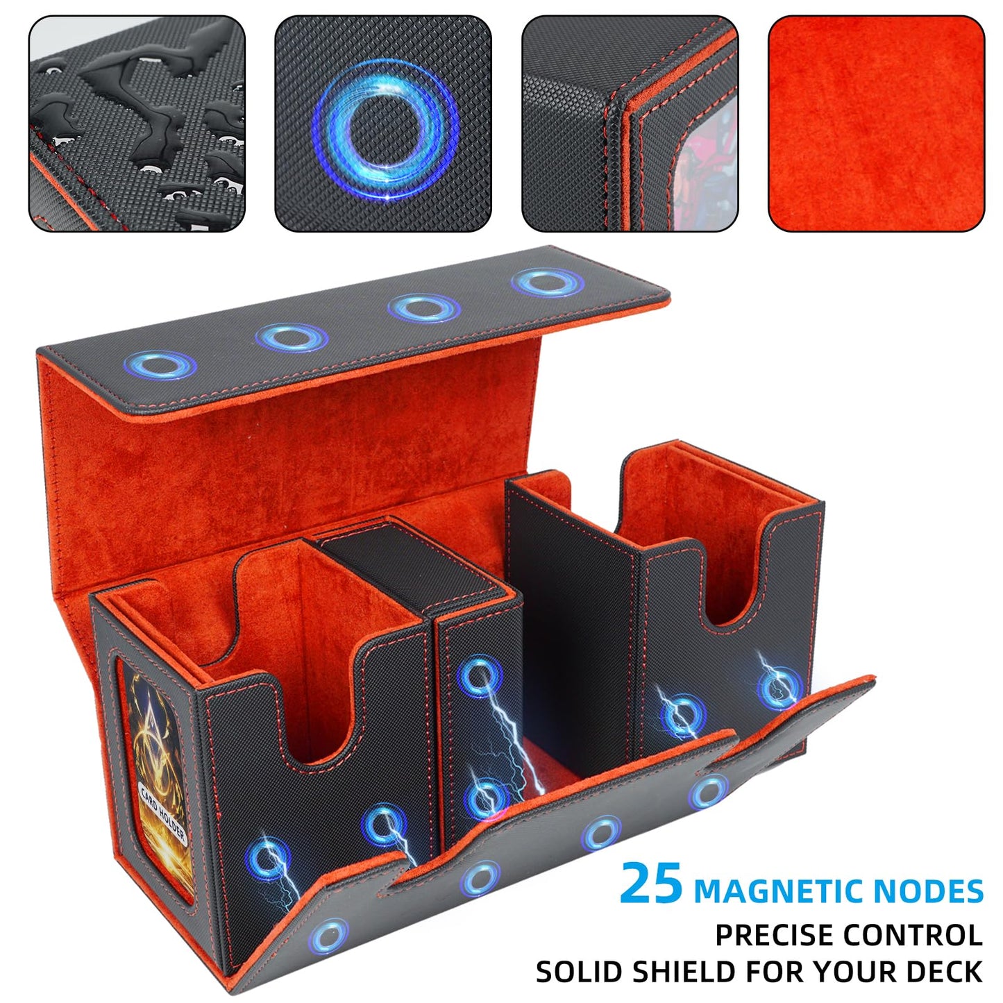 AFIING Mtg Deck Box with Commander Display – 220+ Sleeved Cards, 3-in-1 Organizer, 2 Toploaders, Black/Red