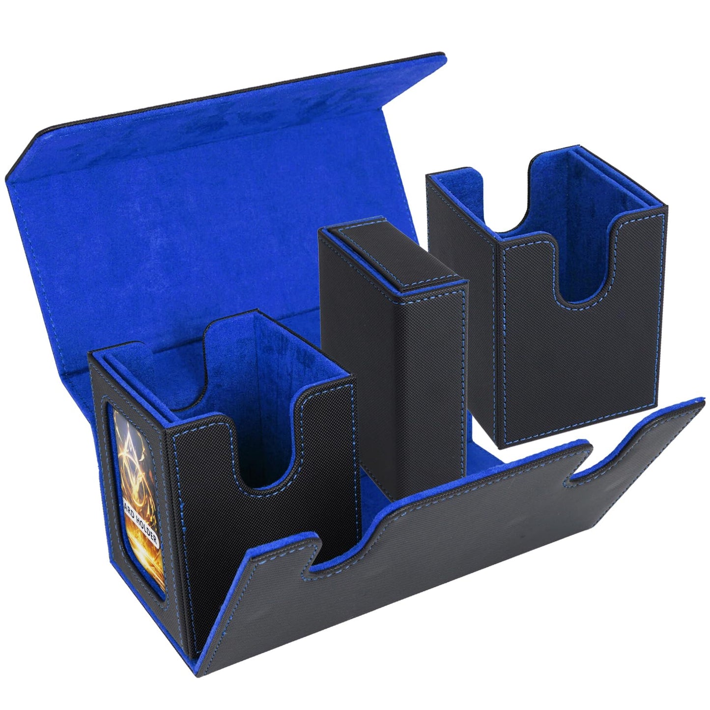 AFIING MTG Commander Card Storage Box – Fits 200 Double-Sleeved Cards, 3-in-1 Deck Case, 4 Dividers & 2 Toploaders (Black/Blue)