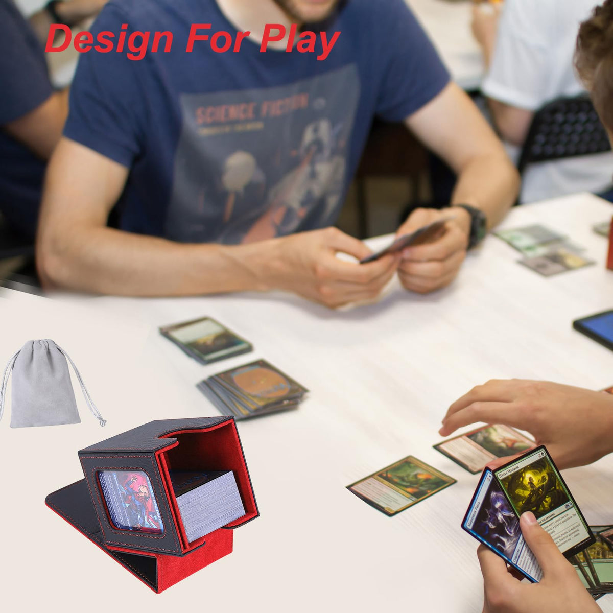 AFIING MTG Deck Box for Commander – Fits 100 Double-Sleeved Cards, 2 Dividers, Drawstring Bag, Toploader (Black/Red)