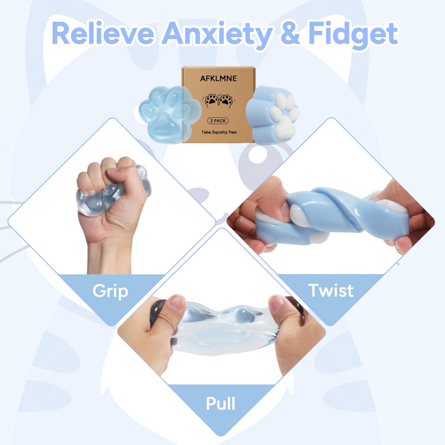AFKLMNE 2-Pack Taba Squishy Cat Paw Fidget Toys - Stress Relief & Focus (Blue)