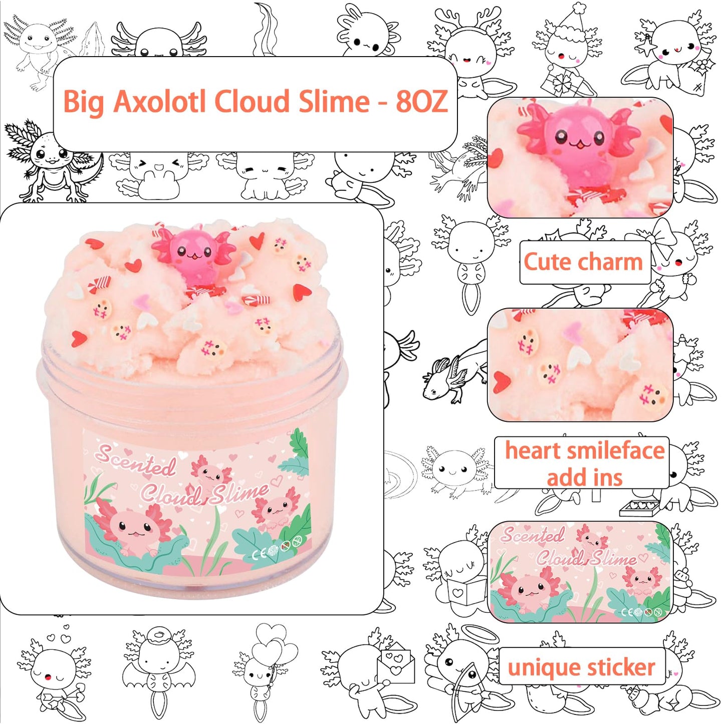 Afofall Axolotl Cloud Slime – Premium 8 oz Pre-Made Scented Slime with Resin Charm