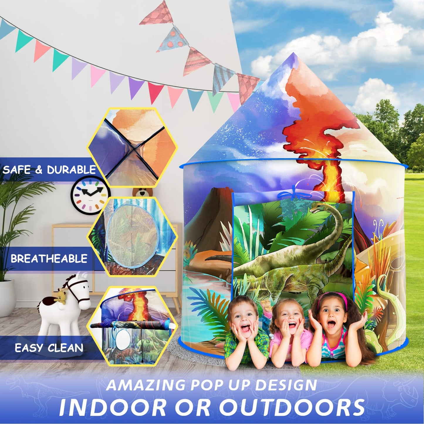 Afomida Dinosaur Play Tent for Kids | Large Pop Up Indoor/Outdoor Adventure