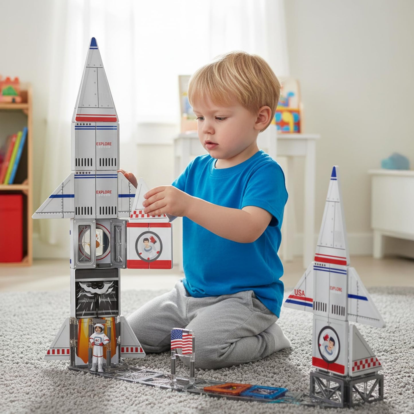 AFUNX Magnetic Tiles Space Rocket Set – 46 Pcs STEM Building Toys for Kids 3+