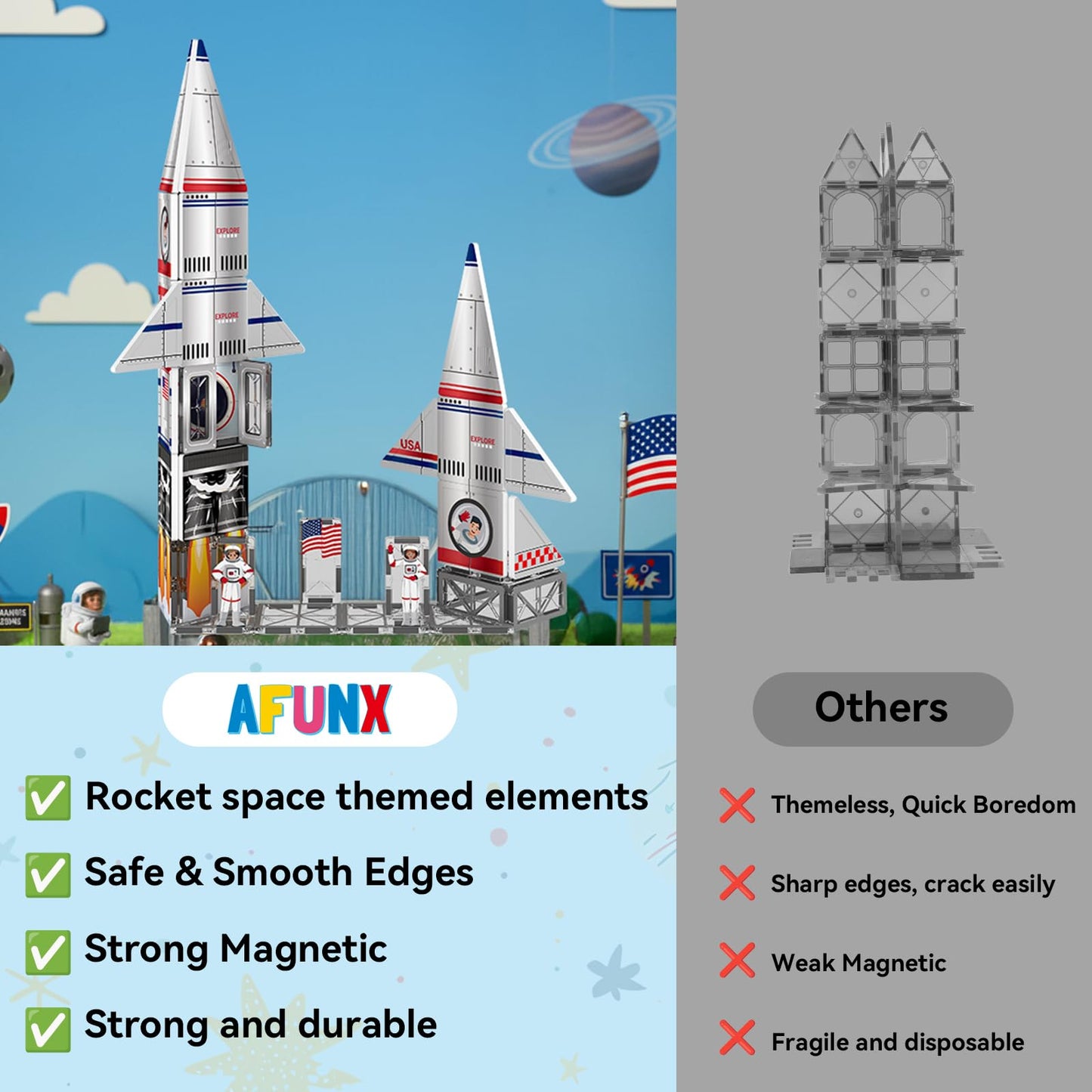 AFUNX Magnetic Tiles Space Rocket Set – 46 Pcs STEM Building Toys for Kids 3+