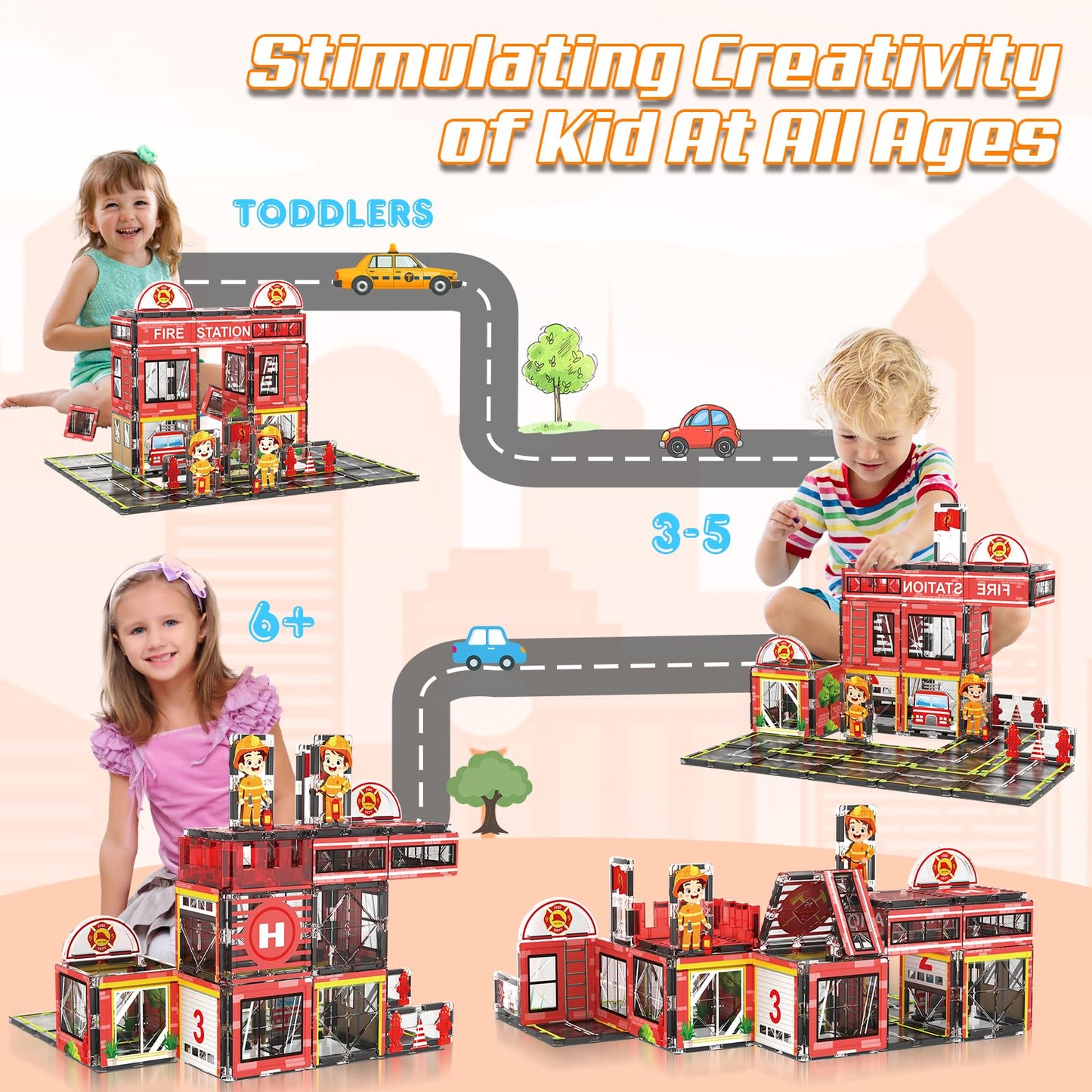 AFUNX Magnetic Tiles 50PCS Fire Station Theme – STEM Building Blocks for Toddlers & Kids 3–10