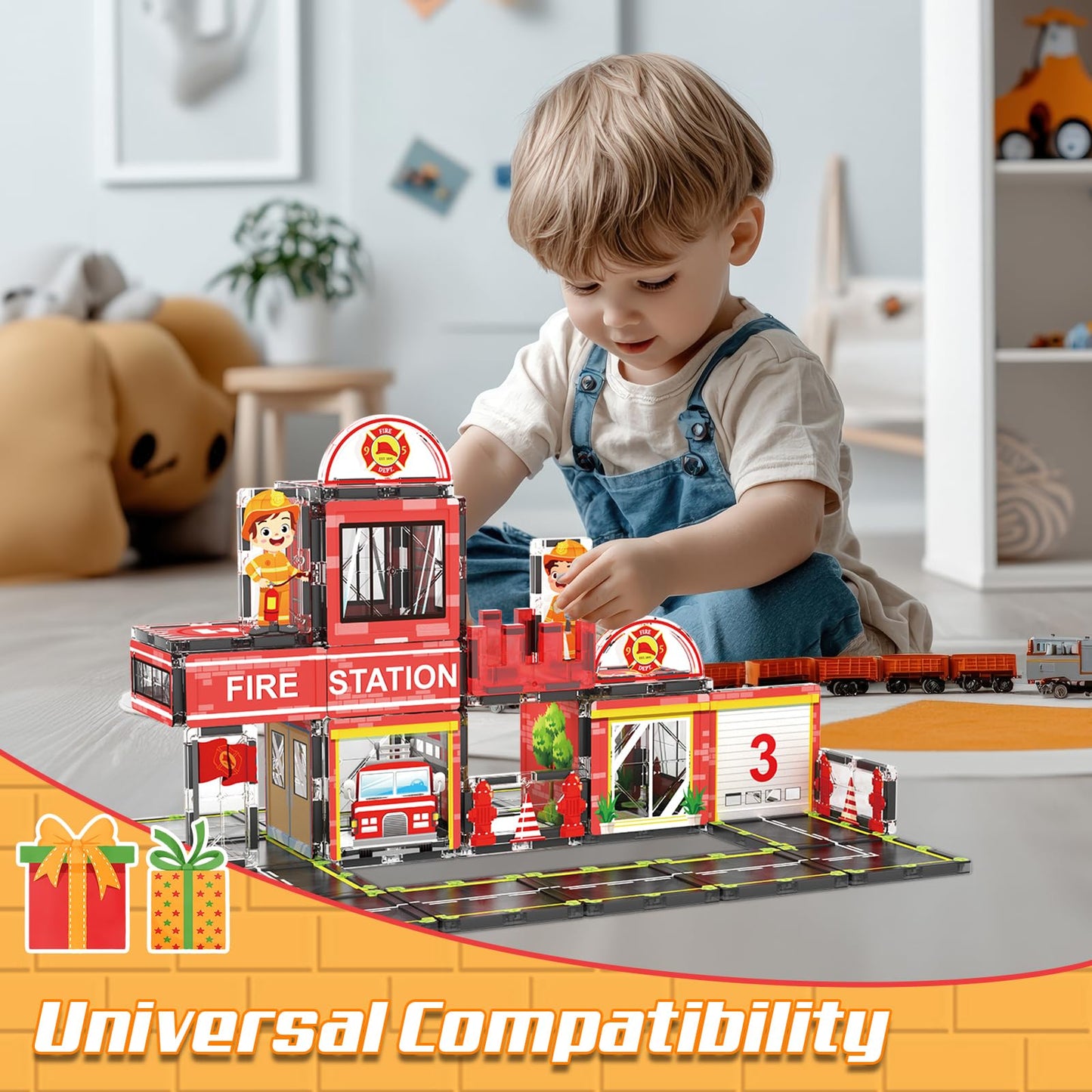 AFUNX Magnetic Tiles 50PCS Fire Station Theme – STEM Building Blocks for Toddlers & Kids 3–10