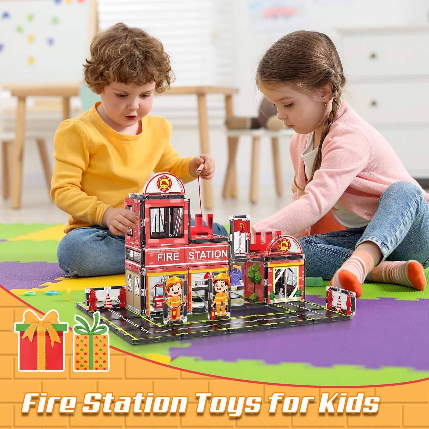 AFUNX Magnetic Tiles 50PCS Fire Station Theme – STEM Building Blocks for Toddlers & Kids 3–10