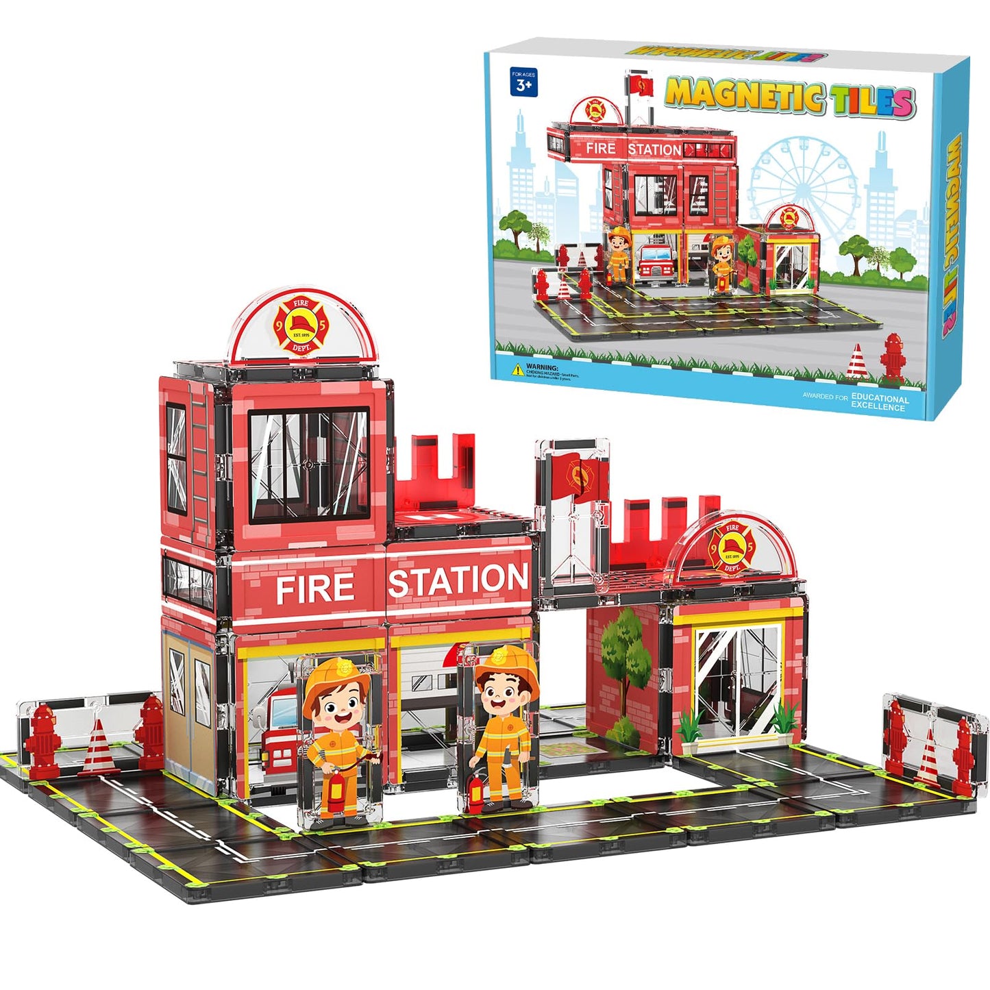 AFUNX Magnetic Tiles 50PCS Fire Station Theme – STEM Building Blocks for Toddlers & Kids 3–10