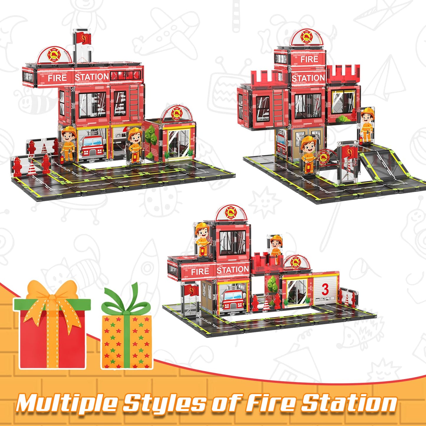 AFUNX Magnetic Tiles 50PCS Fire Station Theme – STEM Building Blocks for Toddlers & Kids 3–10