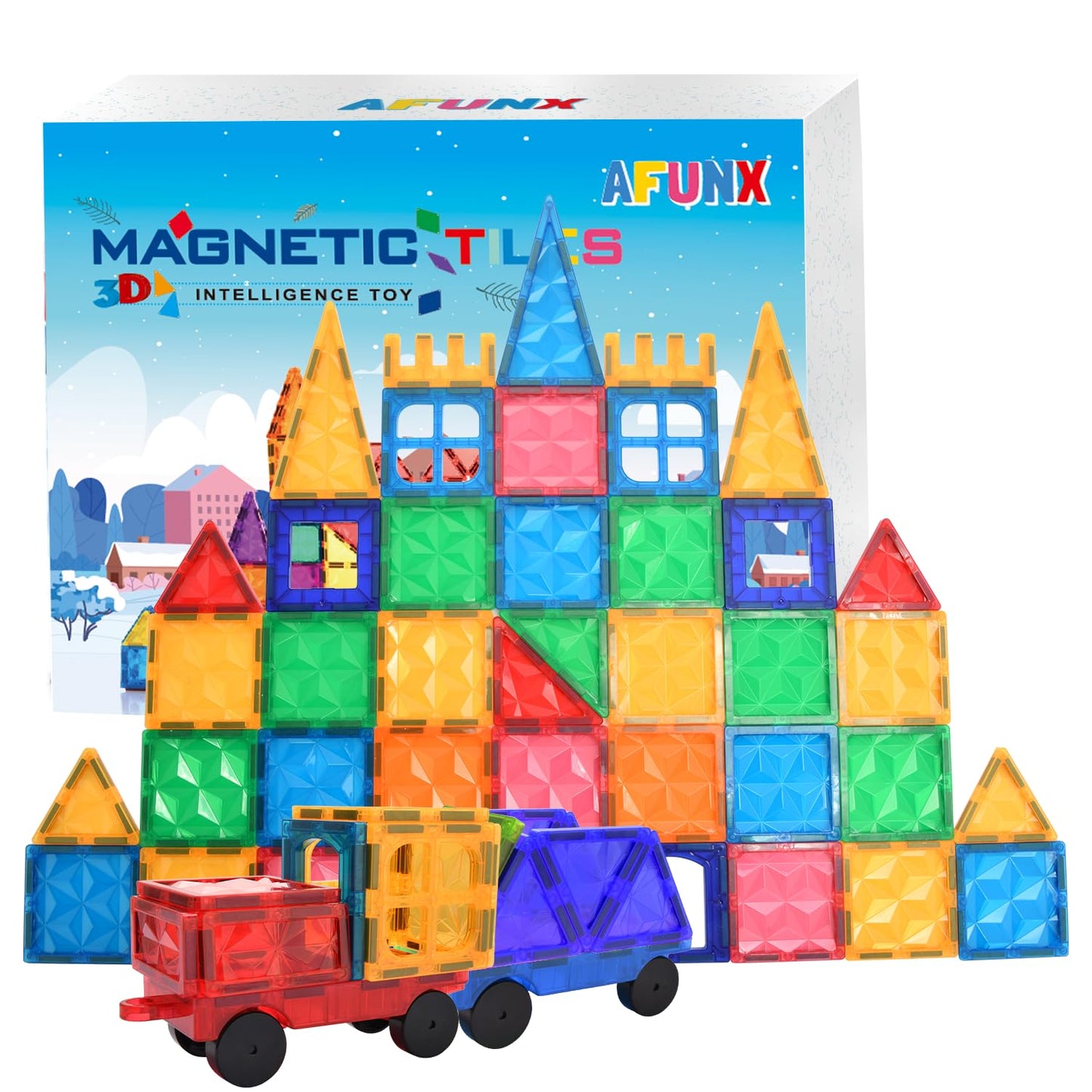 AFUNX Magnetic Tiles 102PCS with 2 Cars – 3D Diamond Blocks, STEM Building Toys for Kids