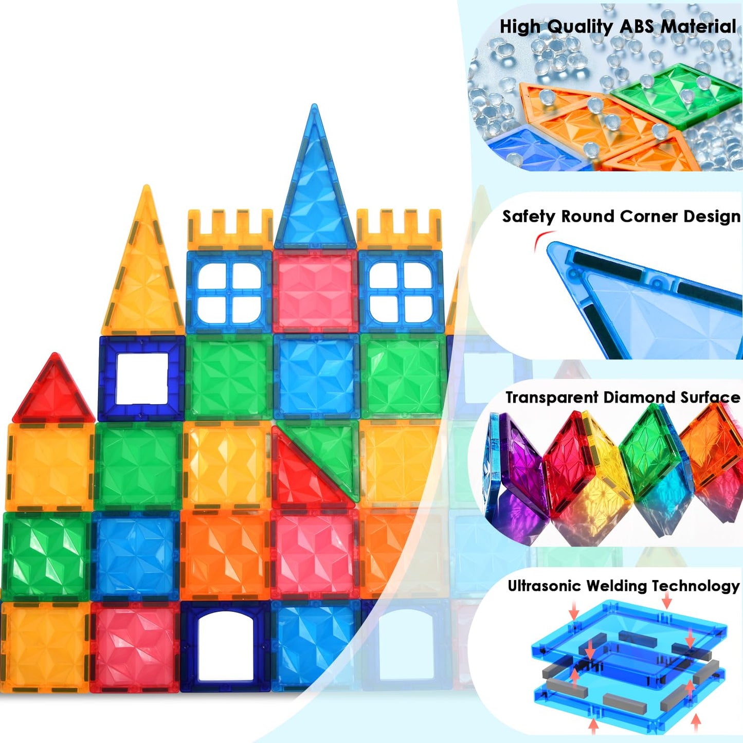 AFUNX Magnetic Tiles 102PCS with 2 Cars – 3D Diamond Blocks, STEM Building Toys for Kids