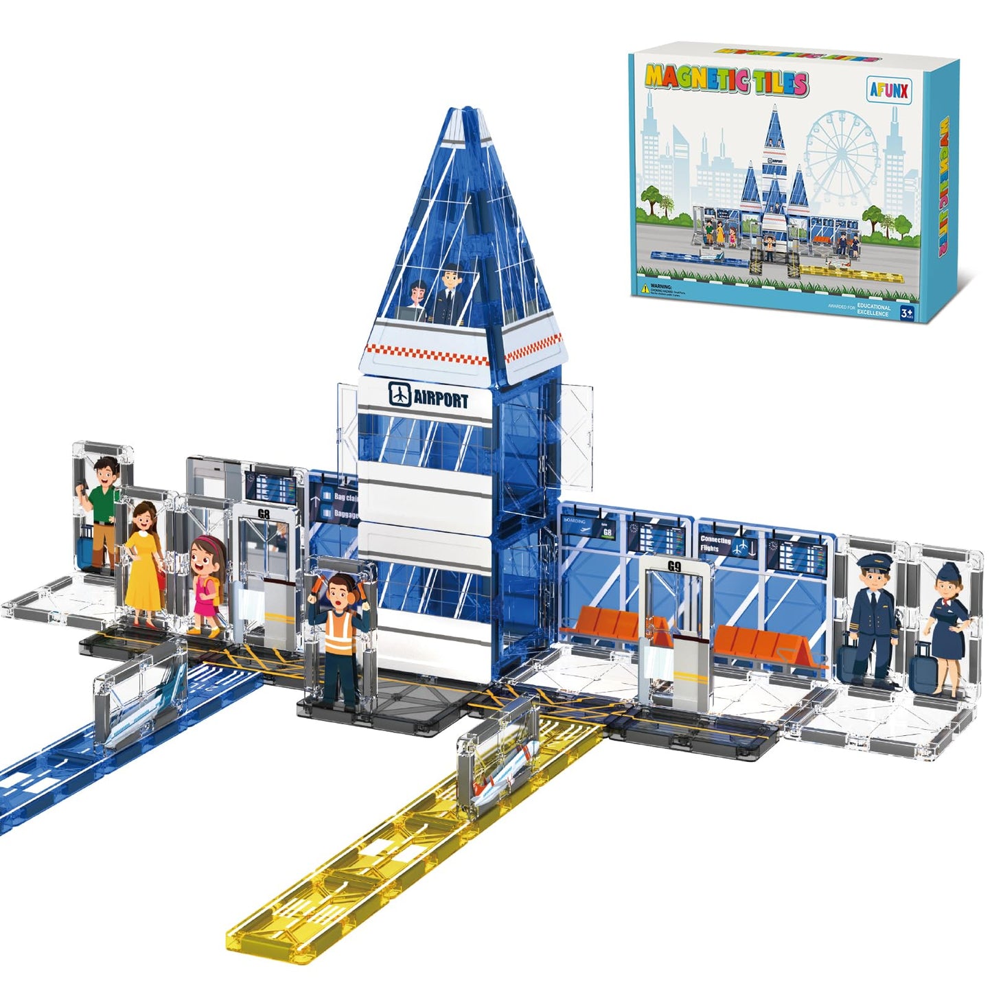 AFUNX Magnetic Tiles Airport Theme Set – 54-Piece STEM Building Blocks for Ages 3-10