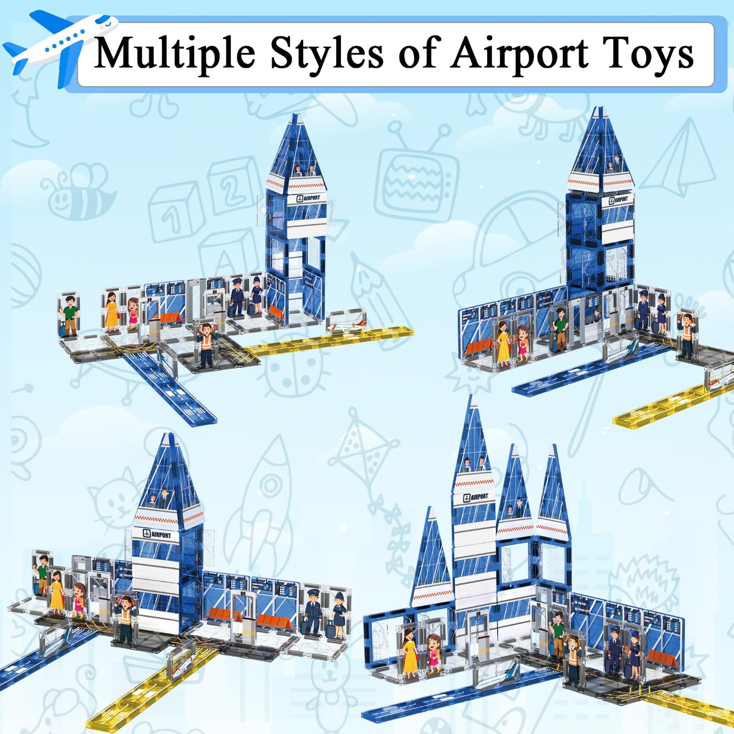 AFUNX Magnetic Tiles Airport Theme Set – 54-Piece STEM Building Blocks for Ages 3-10