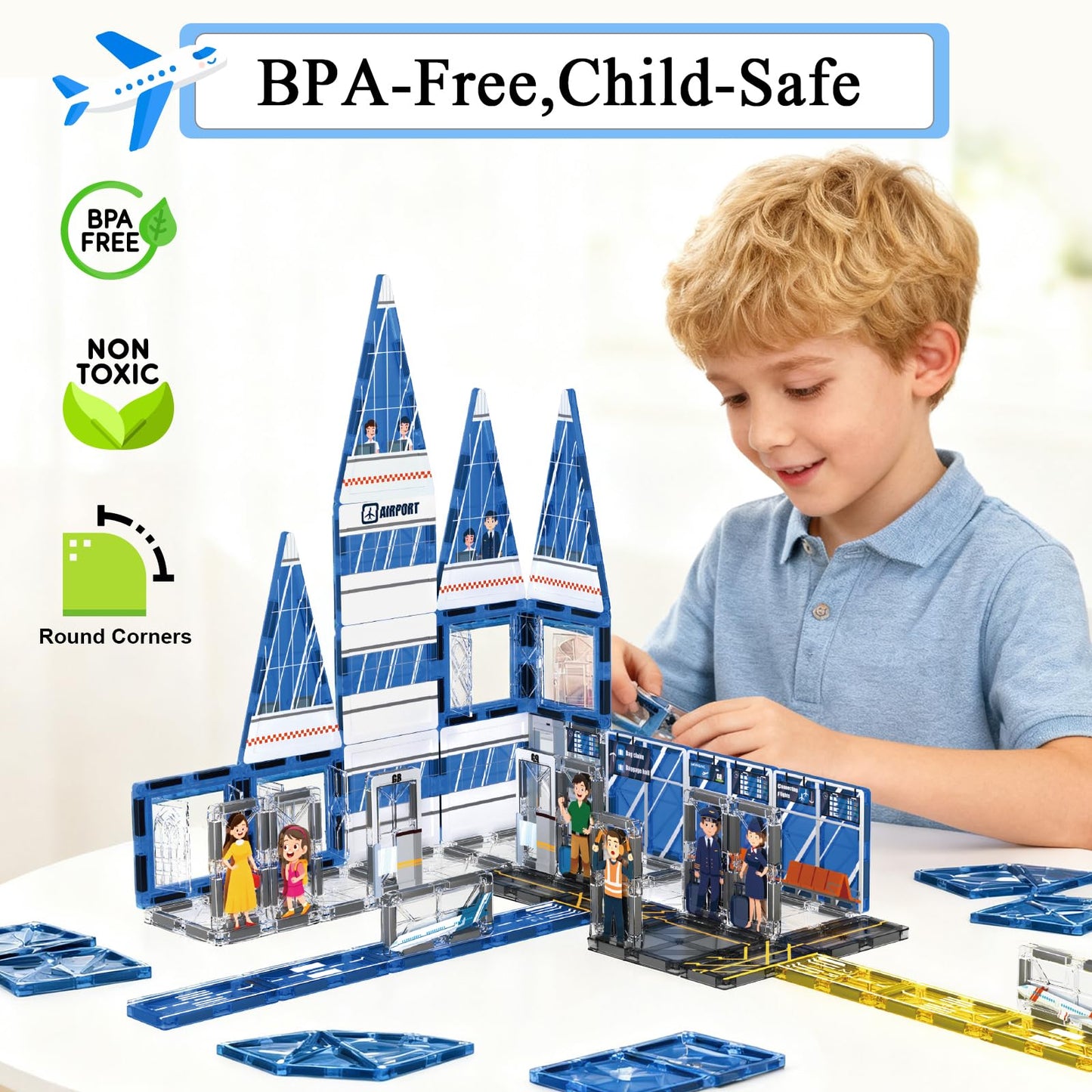AFUNX Magnetic Tiles Airport Theme Set – 54-Piece STEM Building Blocks for Ages 3-10