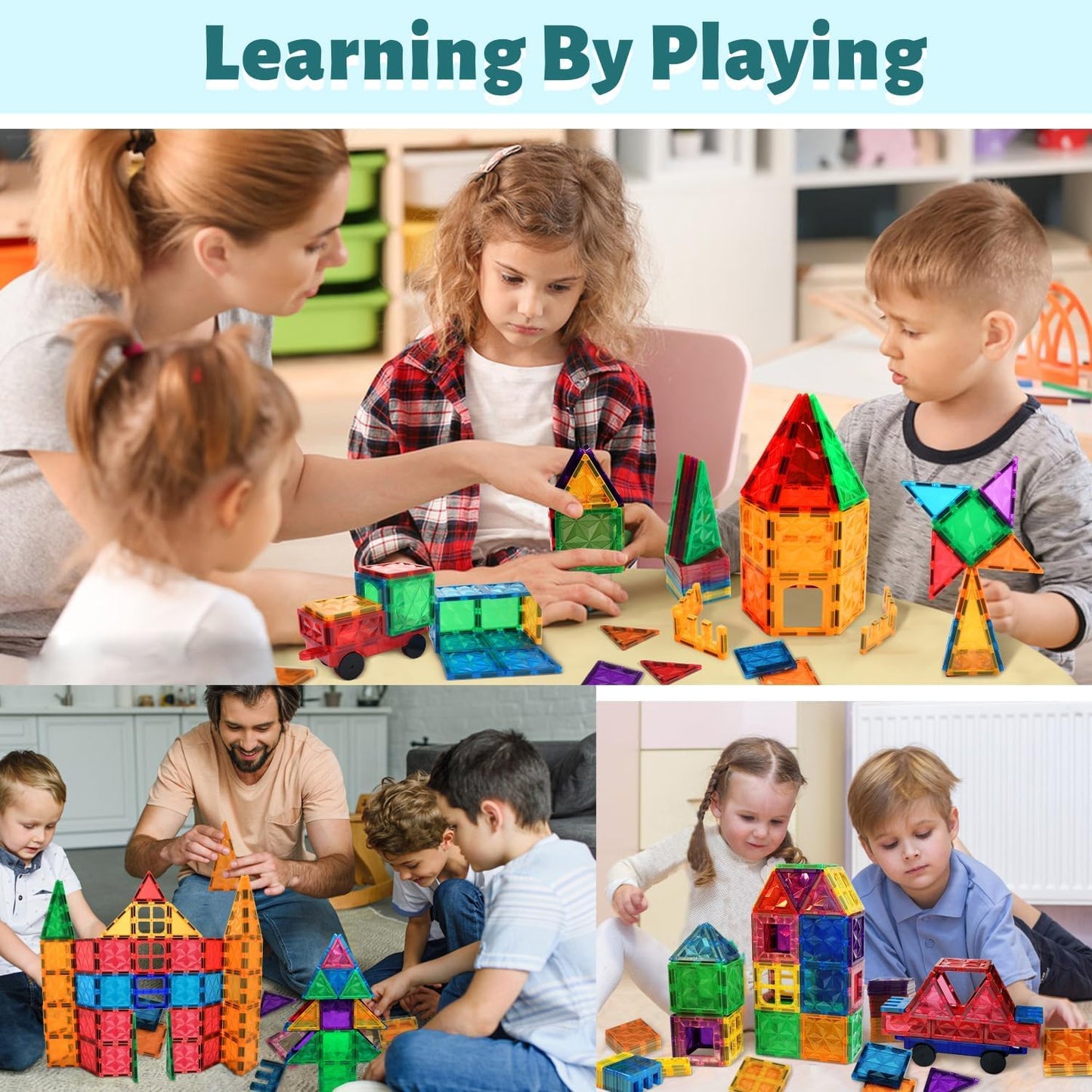 AFUNX Magnetic Tiles 102PCS with 2 Cars – 3D Diamond Blocks, STEM Building Toys for Kids