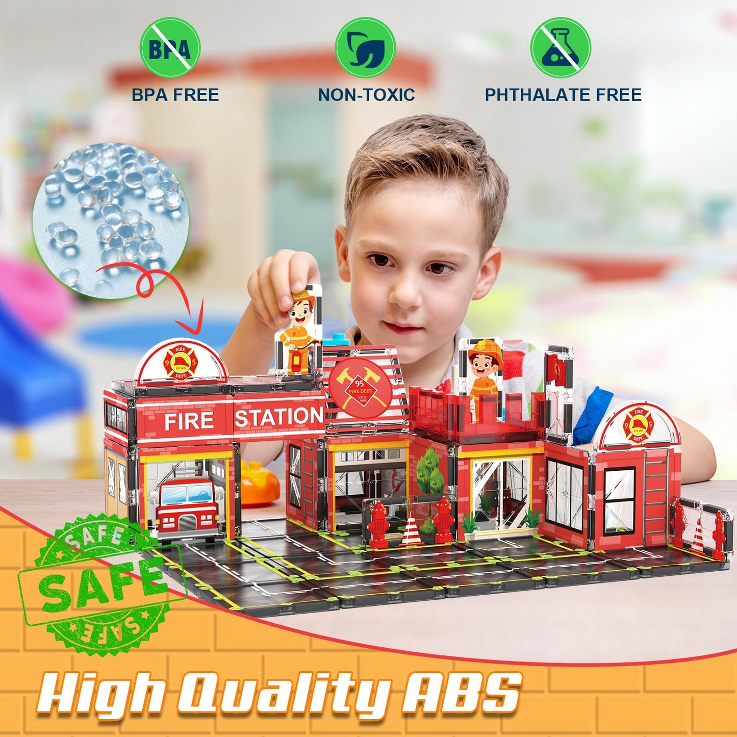 AFUNX Magnetic Tiles 50PCS Fire Station Theme – STEM Building Blocks for Toddlers & Kids 3–10