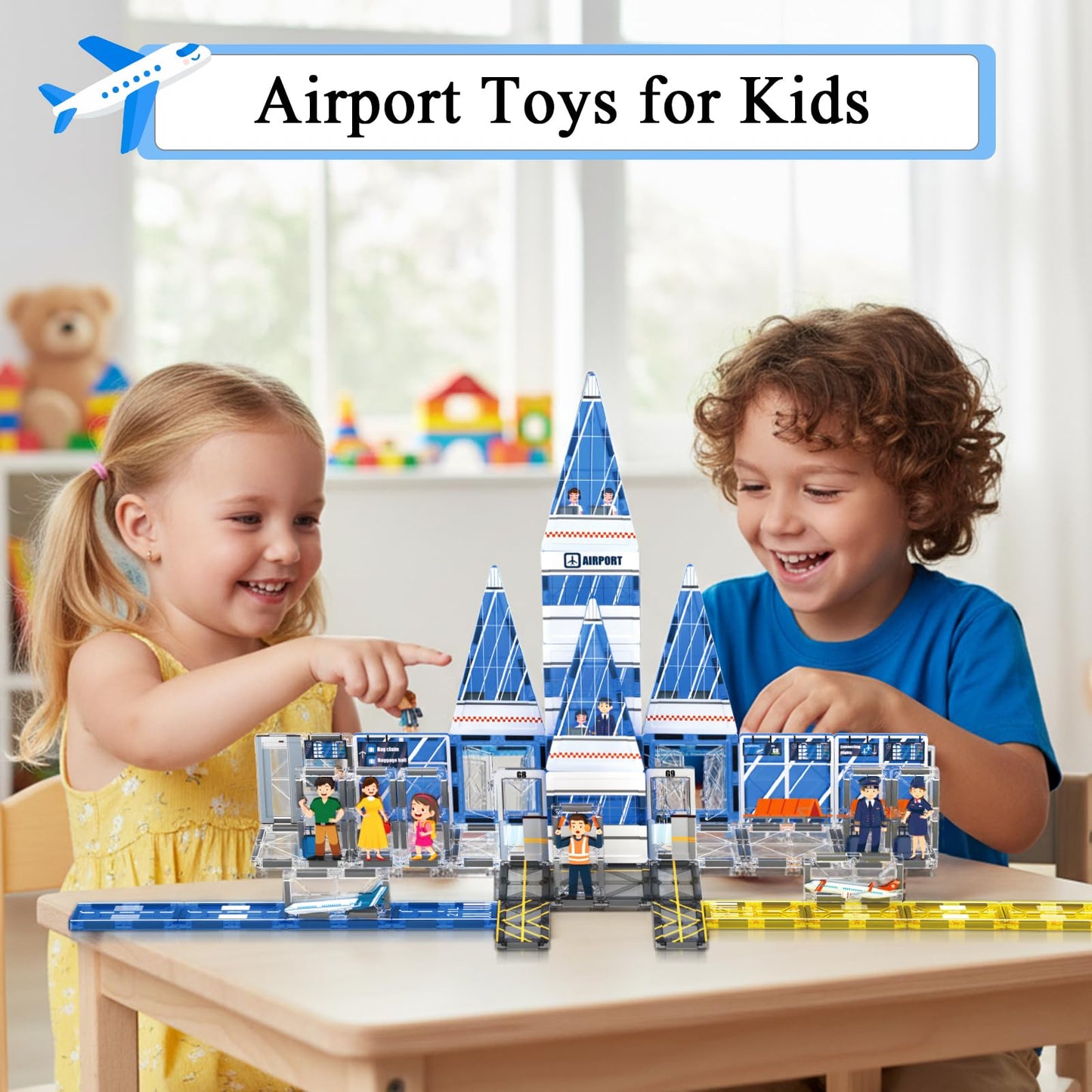 AFUNX Magnetic Tiles Airport Theme Set – 54-Piece STEM Building Blocks for Ages 3-10