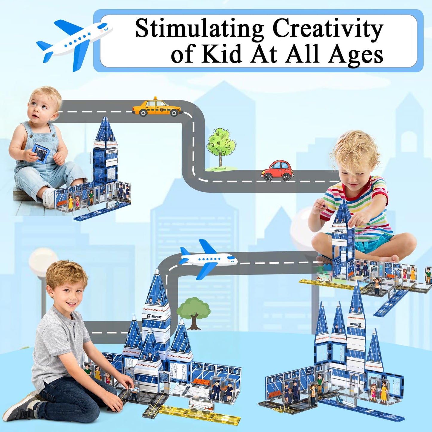 AFUNX Magnetic Tiles Airport Theme Set – 54-Piece STEM Building Blocks for Ages 3-10