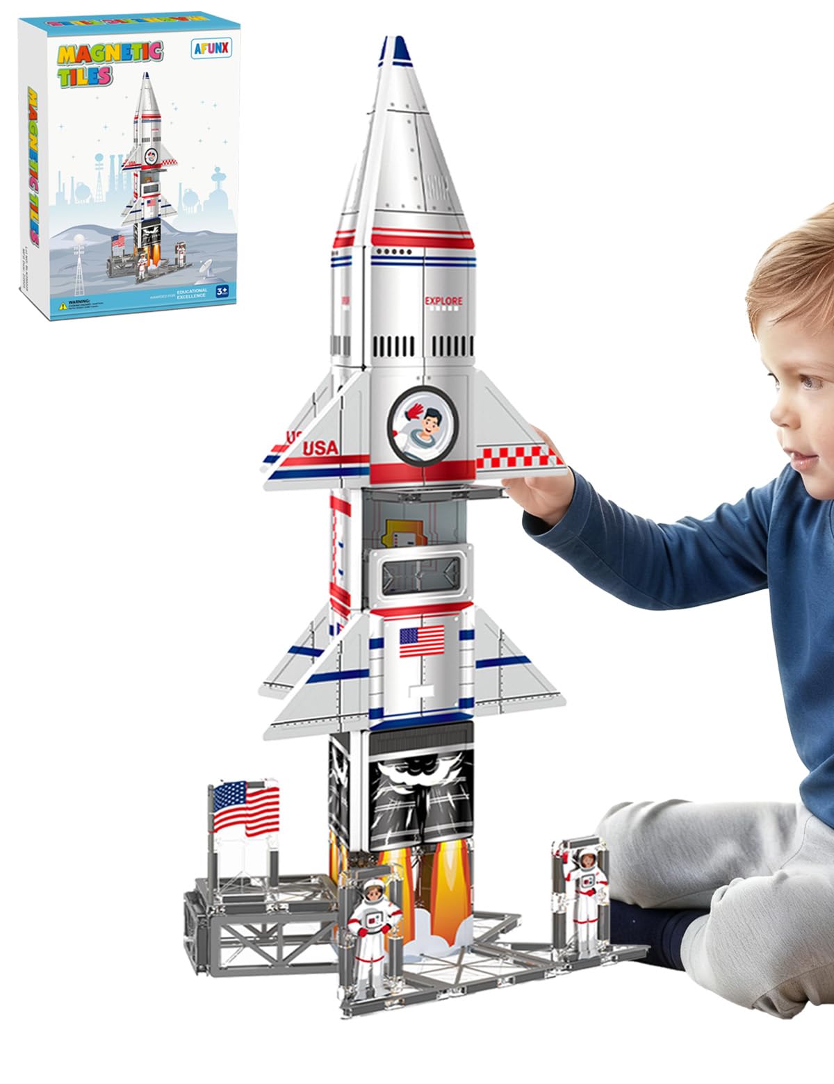 AFUNX Magnetic Tiles Space Rocket Set – 46 Pcs STEM Building Toys for Kids 3+
