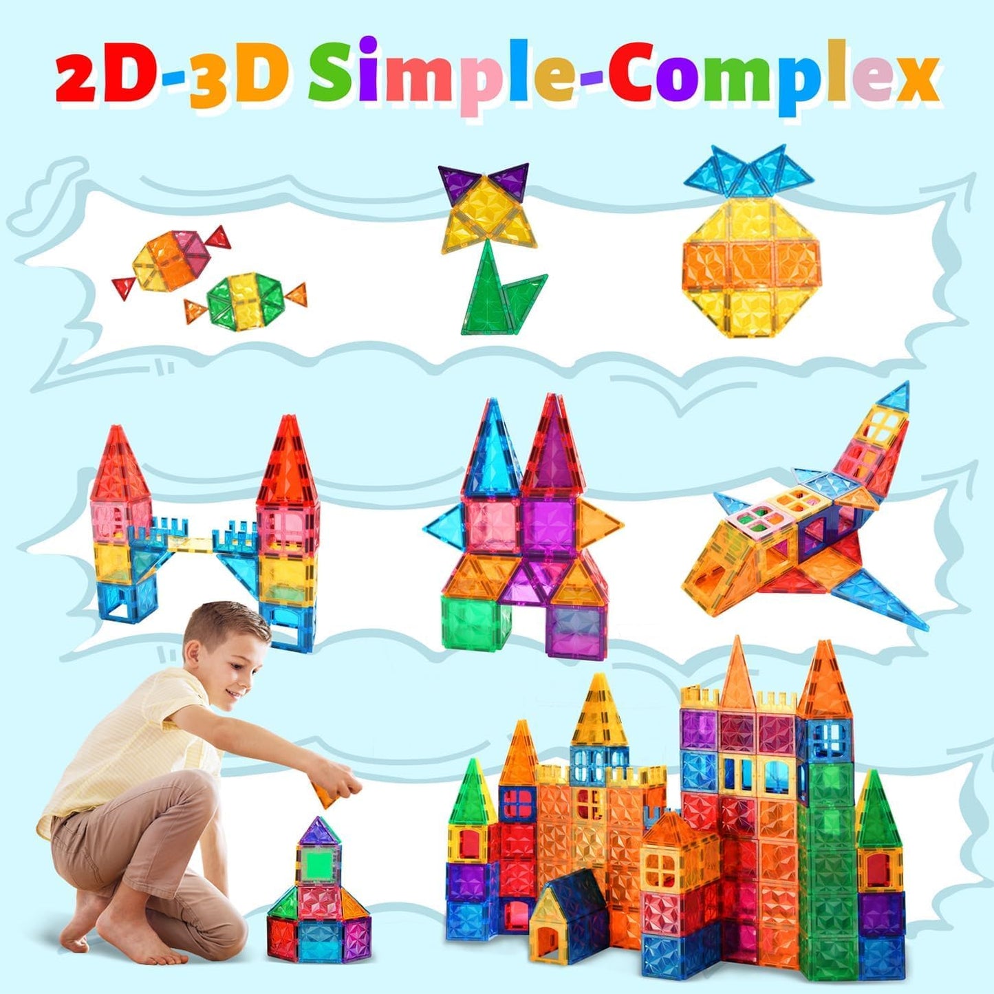 AFUNX Magnetic Tiles 102PCS with 2 Cars – 3D Diamond Blocks, STEM Building Toys for Kids