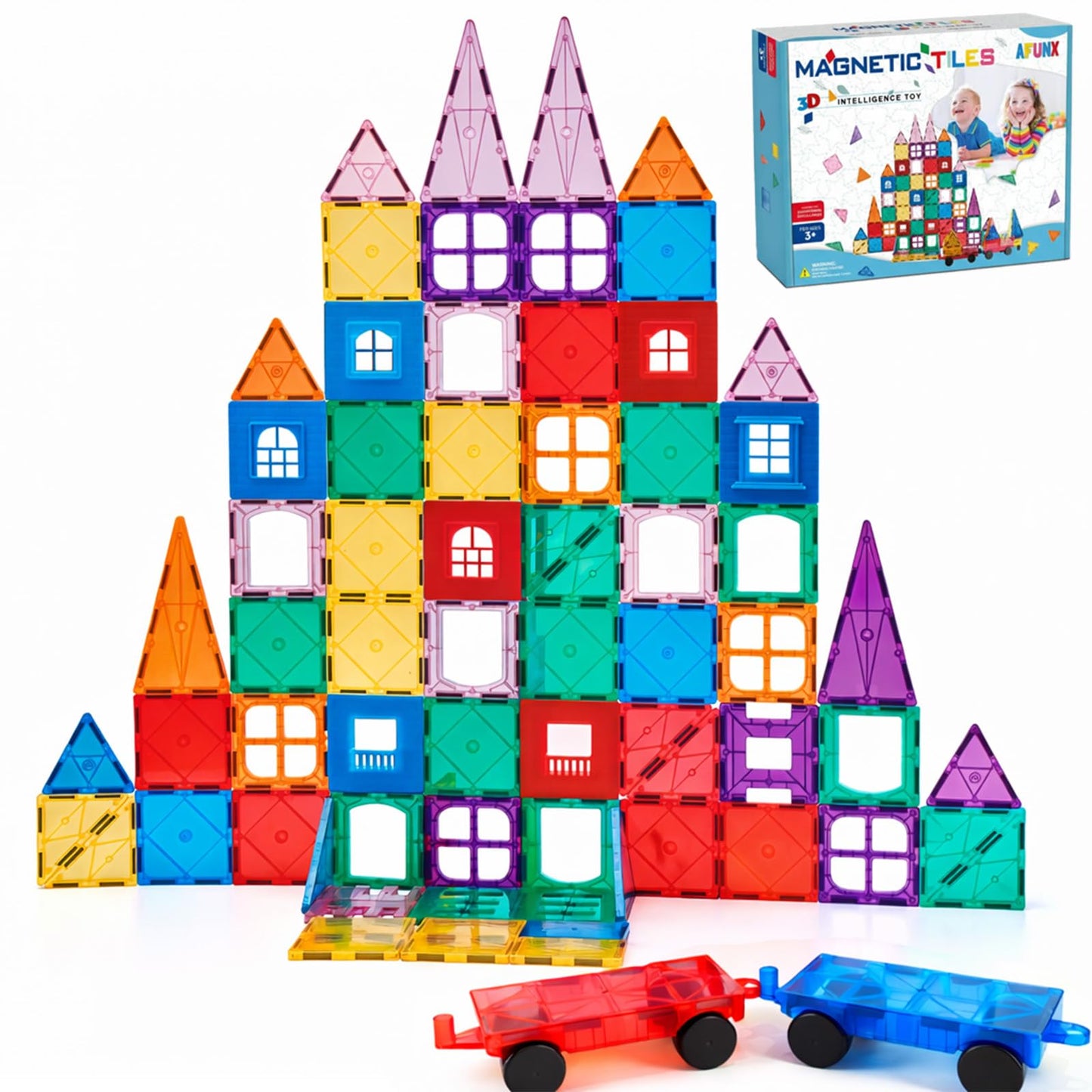 AFUNX Magnetic Tiles 102PCS – Creative 3D Building Blocks with 2 Cars