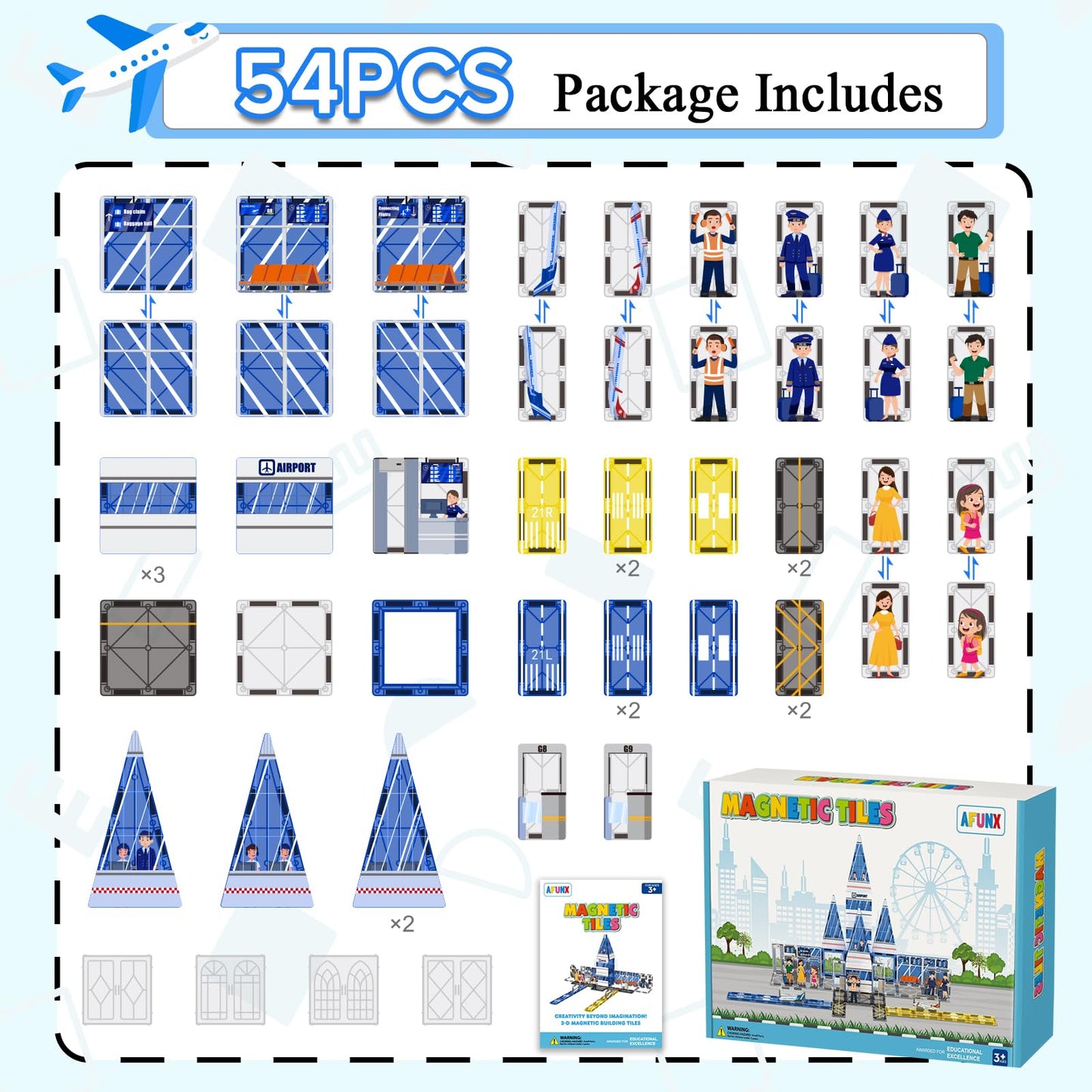 AFUNX Magnetic Tiles Airport Theme Set – 54-Piece STEM Building Blocks for Ages 3-10