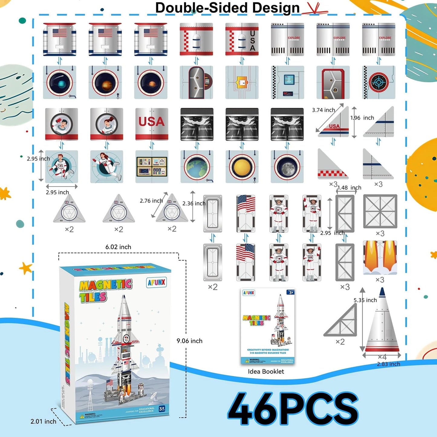 AFUNX Magnetic Tiles Space Rocket Set – 46 Pcs STEM Building Toys for Kids 3+