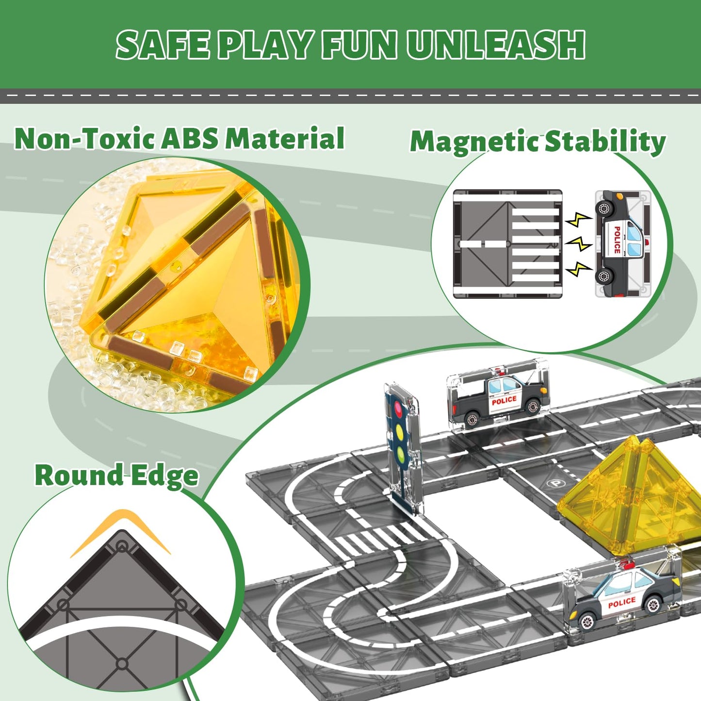 AFUNX Magnetic Tiles Road Expansion Set – STEM Building Blocks for Kids Ages 3-7