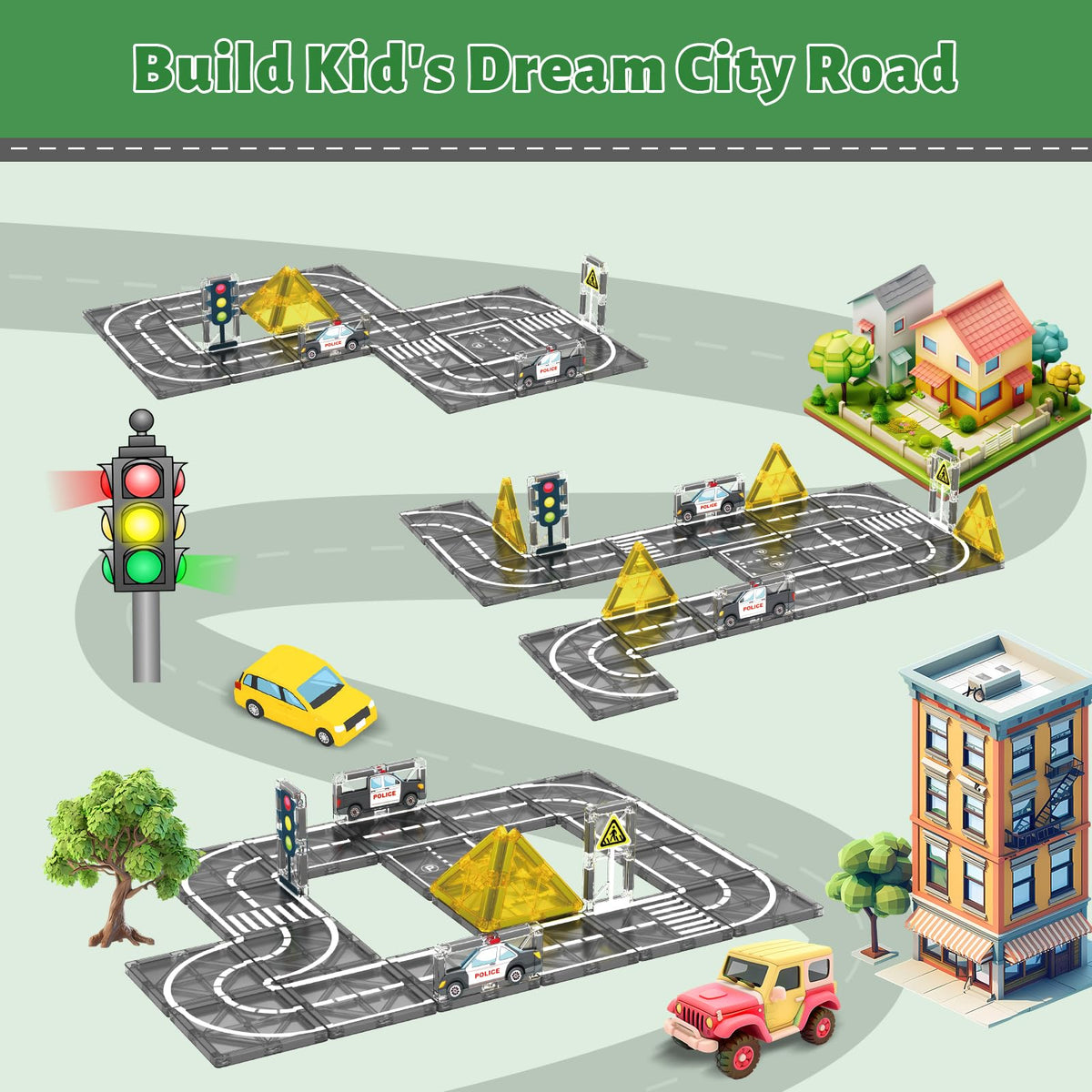 AFUNX Magnetic Tiles Road Expansion Set – STEM Building Blocks for Kids Ages 3-7