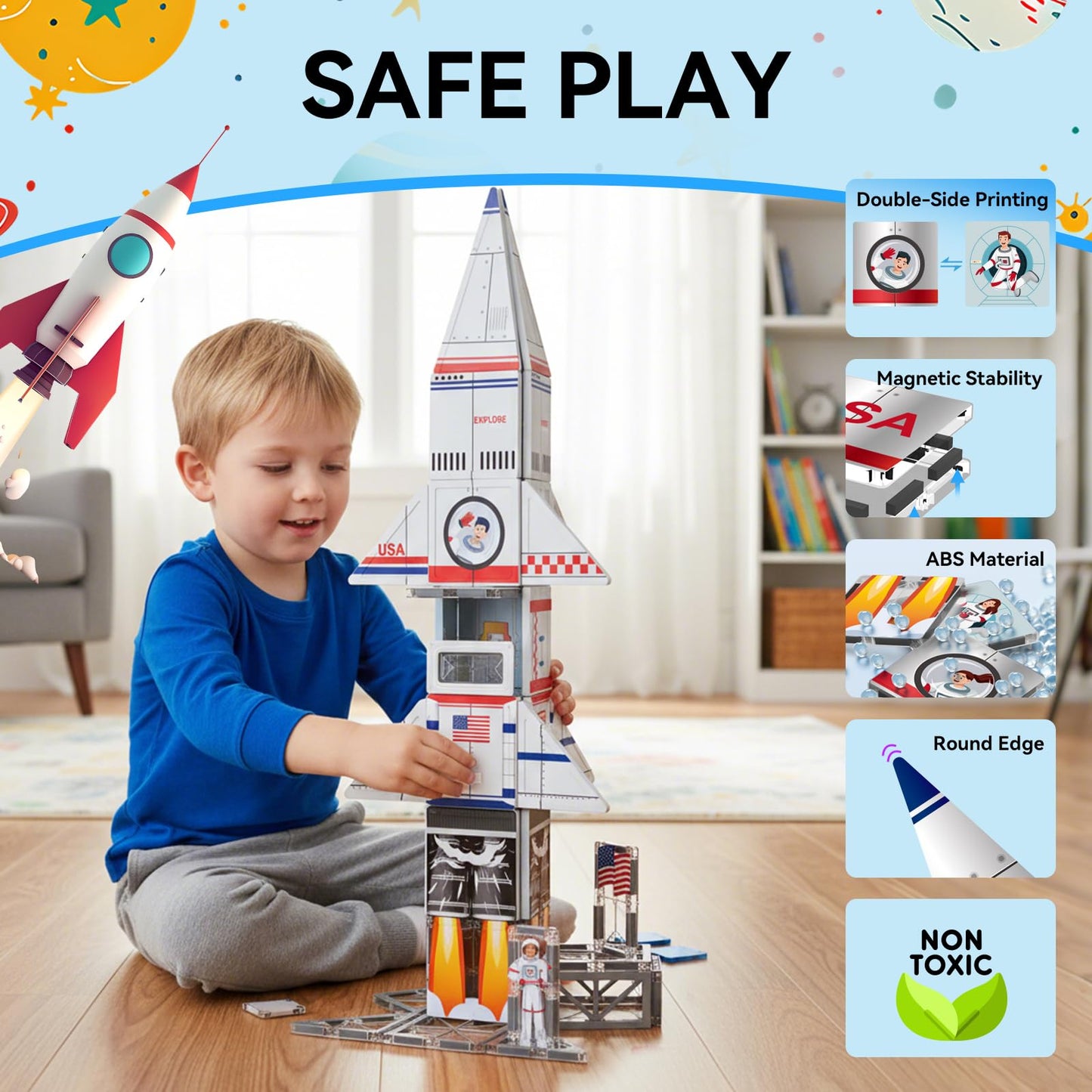 AFUNX Magnetic Tiles Space Rocket Set – 46 Pcs STEM Building Toys for Kids 3+
