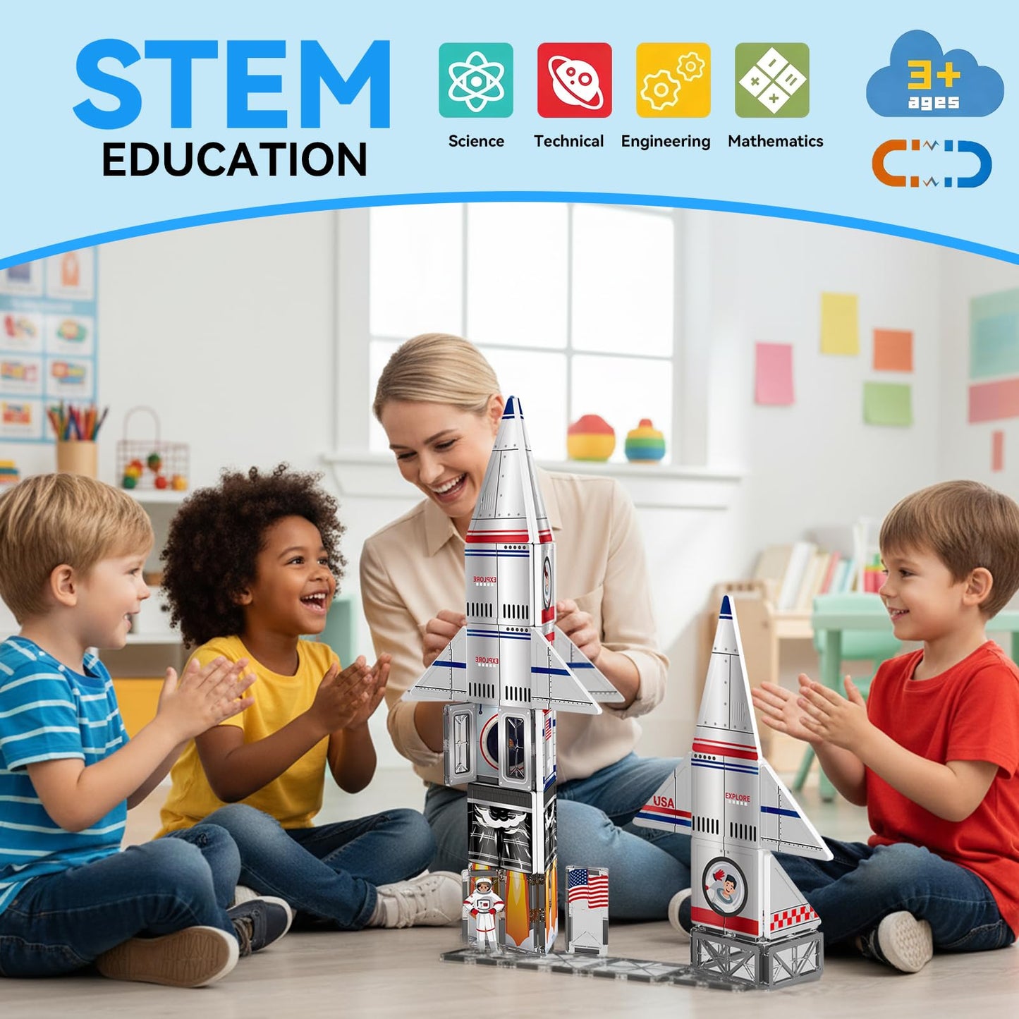 AFUNX Magnetic Tiles Space Rocket Set – 46 Pcs STEM Building Toys for Kids 3+
