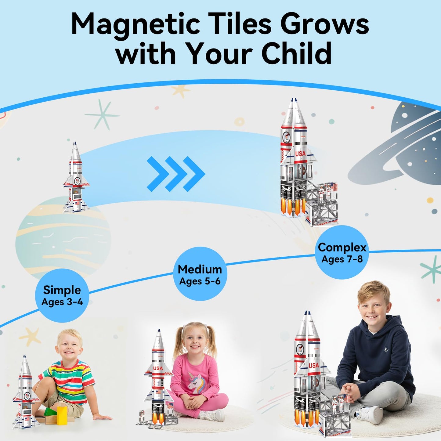 AFUNX Magnetic Tiles Space Rocket Set – 46 Pcs STEM Building Toys for Kids 3+