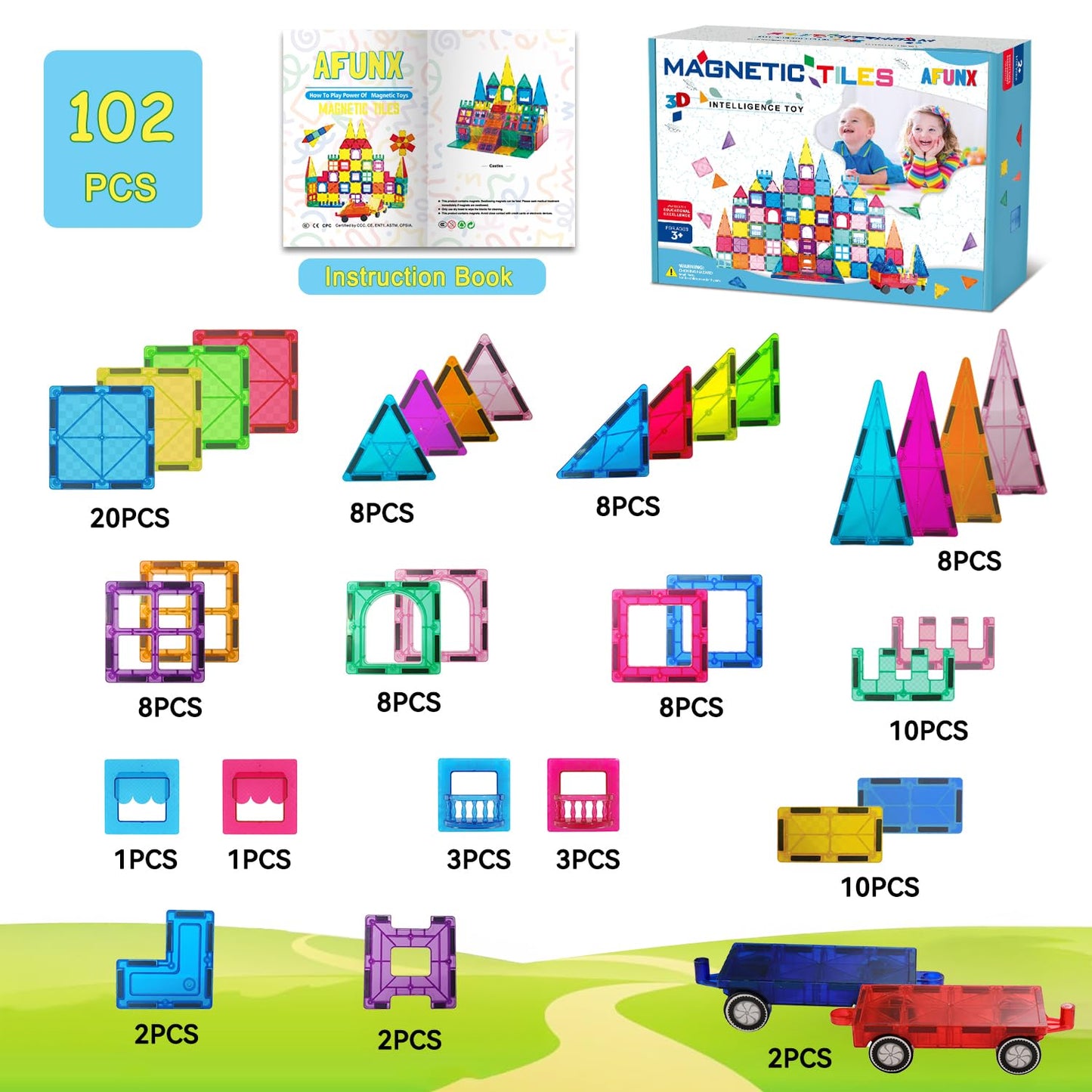 AFUNX Magnetic Tiles 102PCS – Creative 3D Building Blocks with 2 Cars