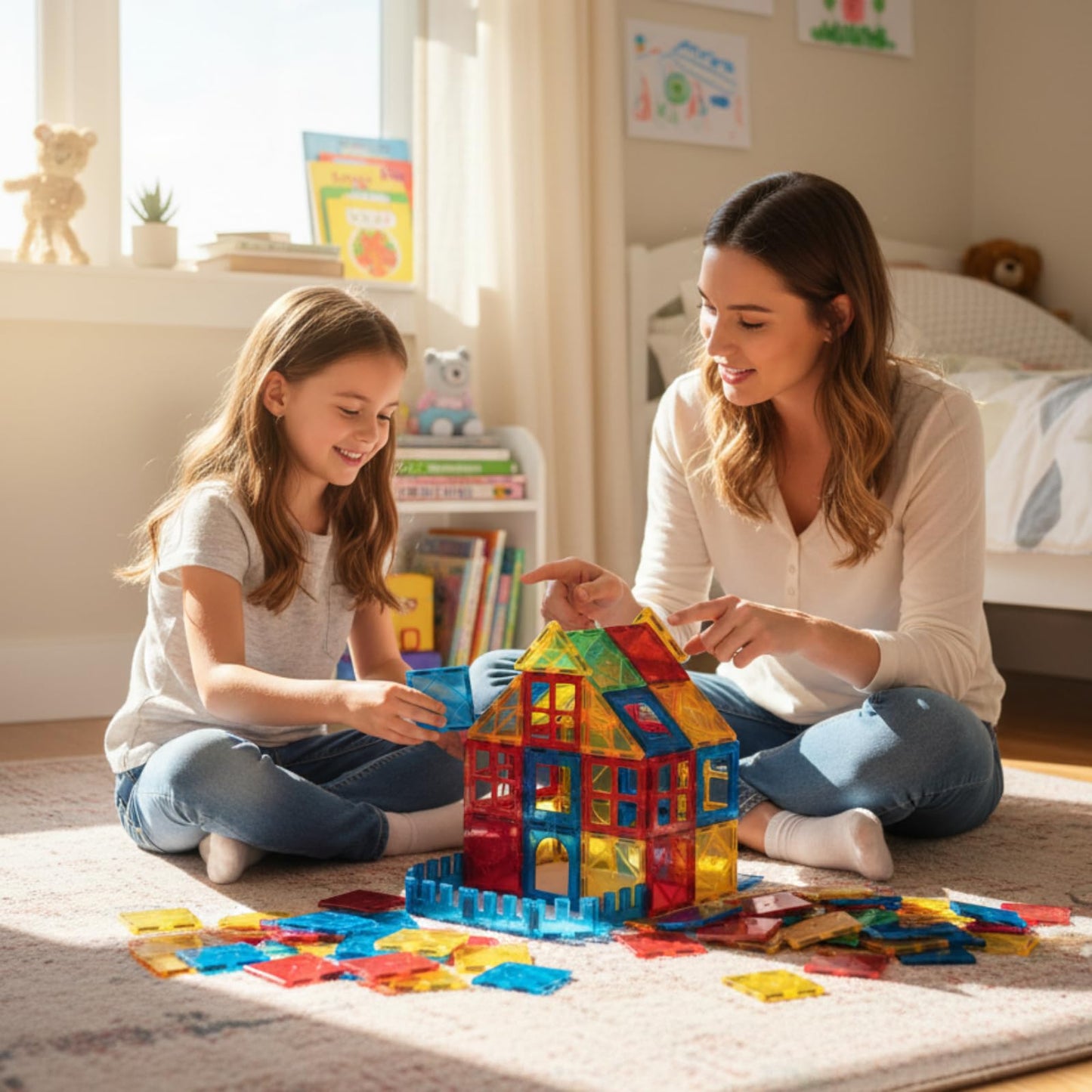 AFUNX Magnetic Tiles 102PCS – Creative 3D Building Blocks with 2 Cars
