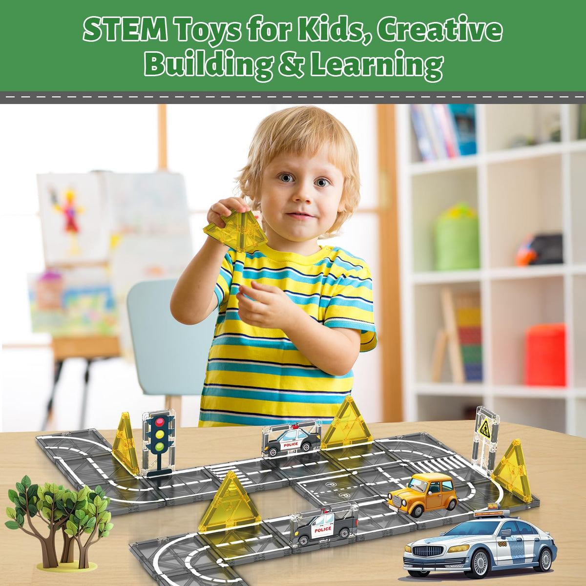 AFUNX Magnetic Tiles Road Expansion Set – STEM Building Blocks for Kids Ages 3-7