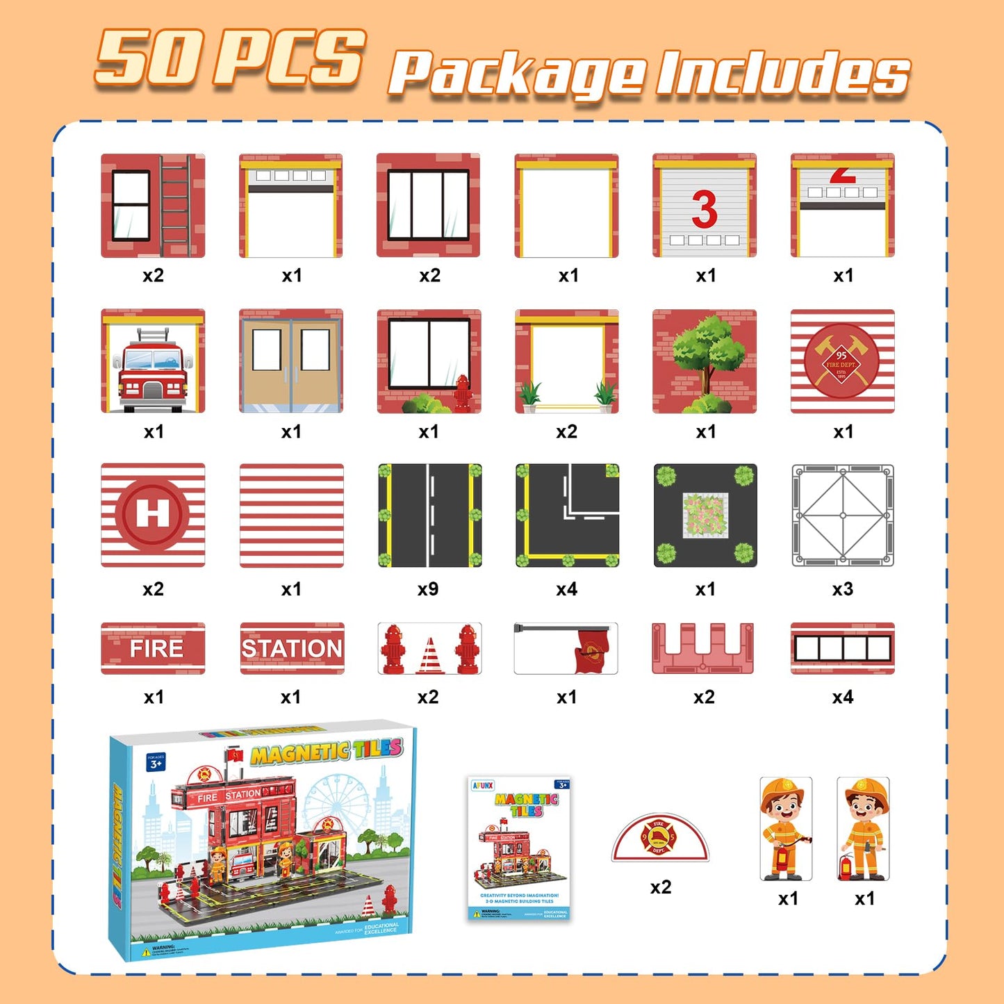 AFUNX Magnetic Tiles 50PCS Fire Station Theme – STEM Building Blocks for Toddlers & Kids 3–10