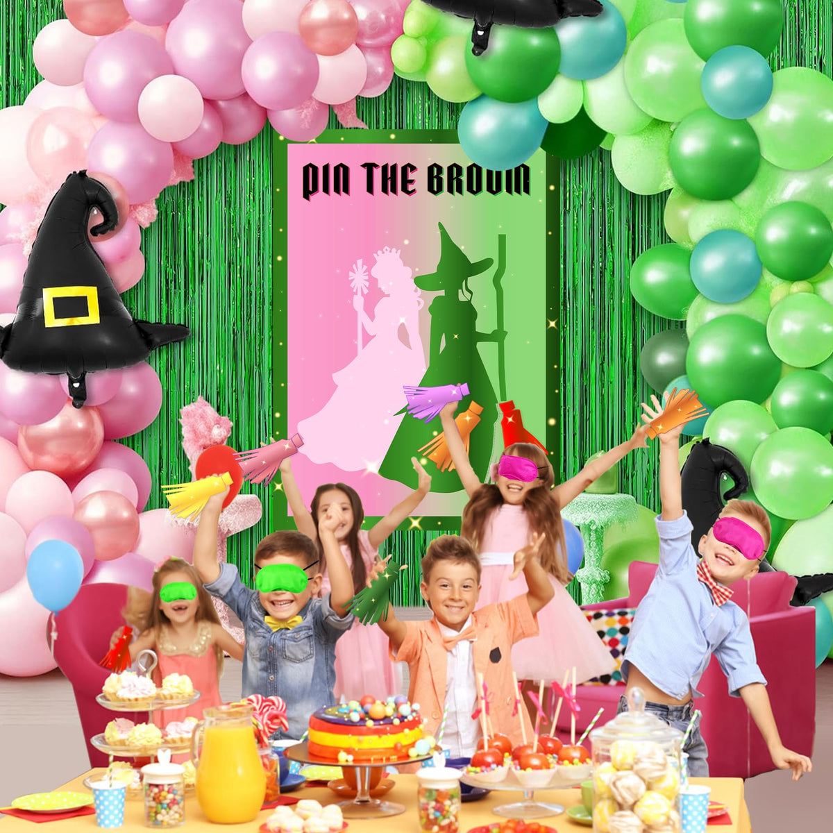 AFZMON Witch Party Decorations – Pin The Broom Poster with 24 Reusable Broom Stickers (Pink & Green)